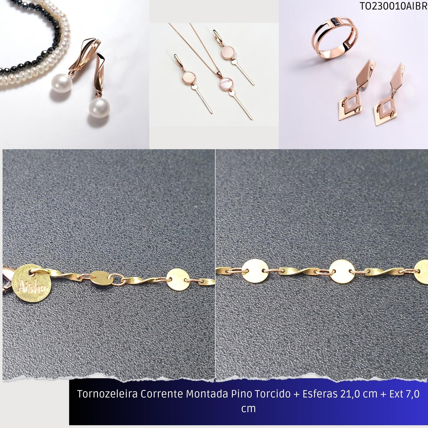 Tornozeleira Corrente Montada Pino Torcido + Esferas 21.0 cm + Ext 7.0 cm  - Código.: TO230010AIBR  - Peso.: 2.0 gr