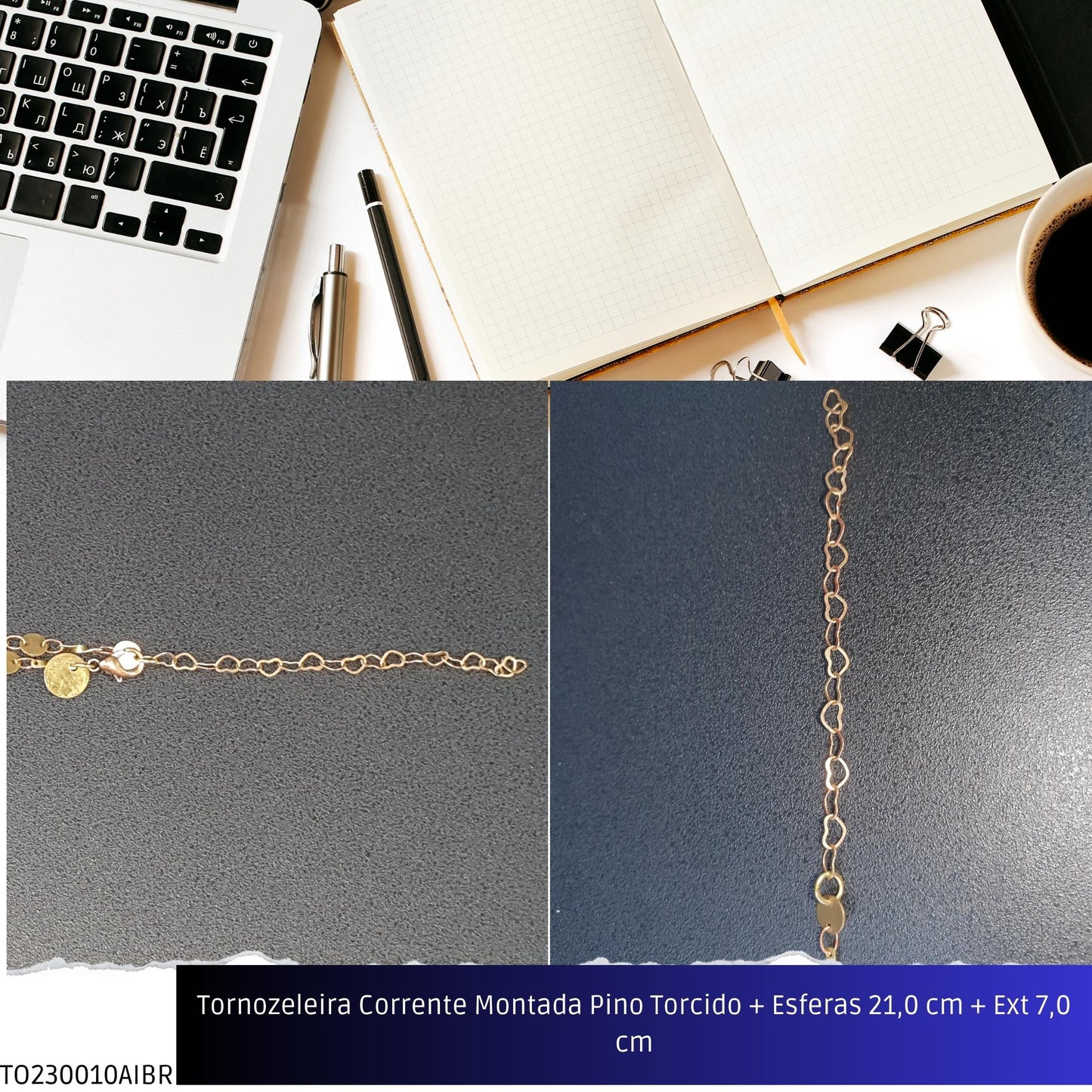 Tornozeleira Corrente Montada Pino Torcido + Esferas 21.0 cm + Ext 7.0 cm  - Código.: TO230010AIBR  - Peso.: 2.0 gr