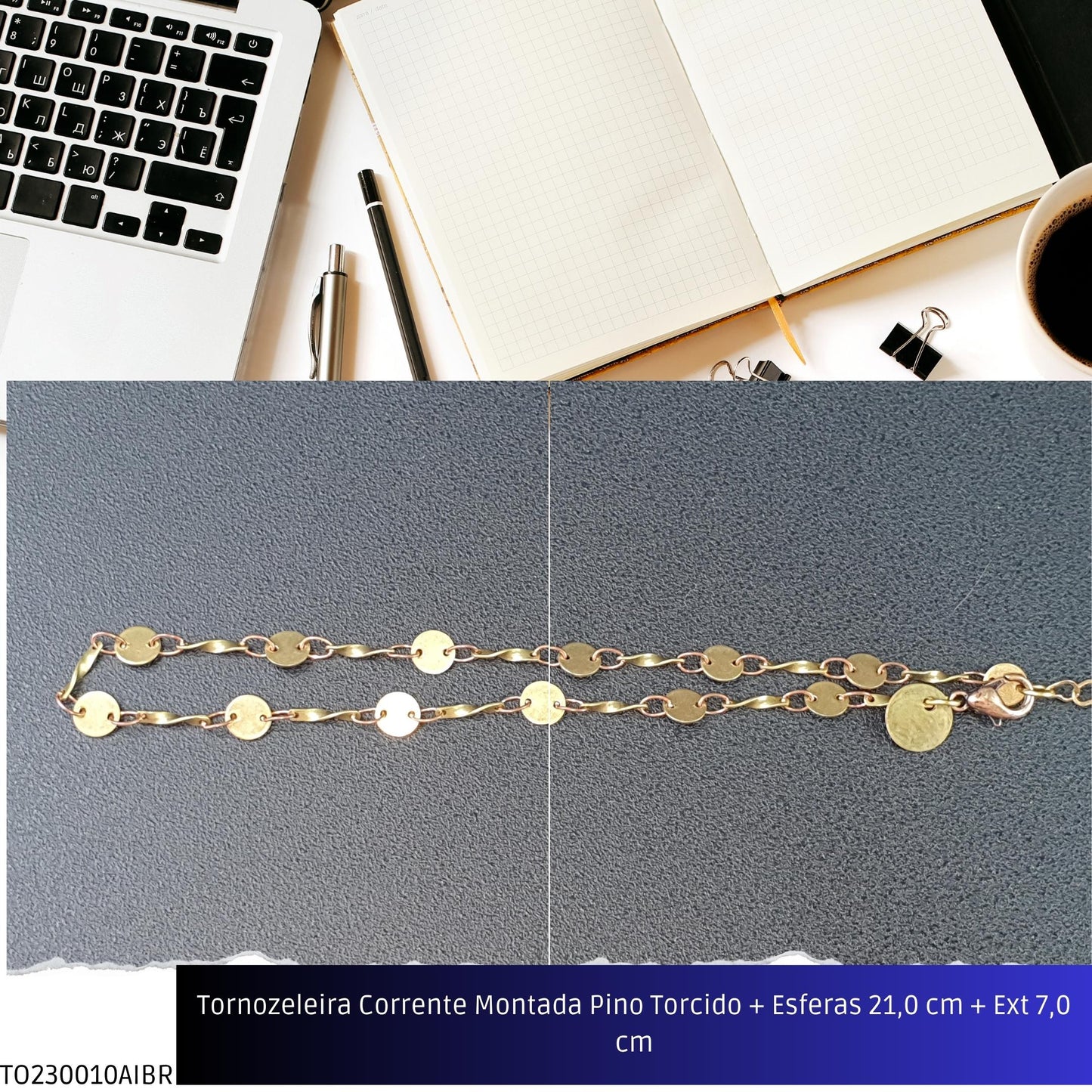Tornozeleira Corrente Montada Pino Torcido + Esferas 21.0 cm + Ext 7.0 cm  - Código.: TO230010AIBR  - Peso.: 2.0 gr