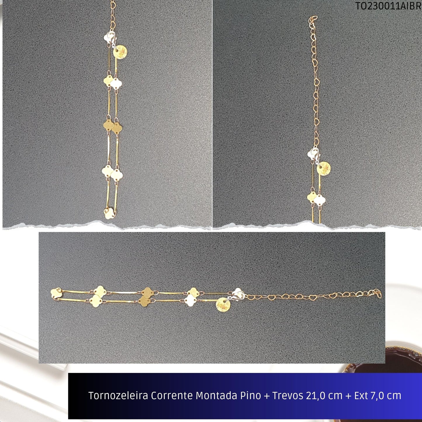 Tornozeleira Corrente Montada Pino + Trevos 21.0 cm + Ext 7.0 cm  - Código.: TO230011AIBR  - Peso.: 2.0 gr