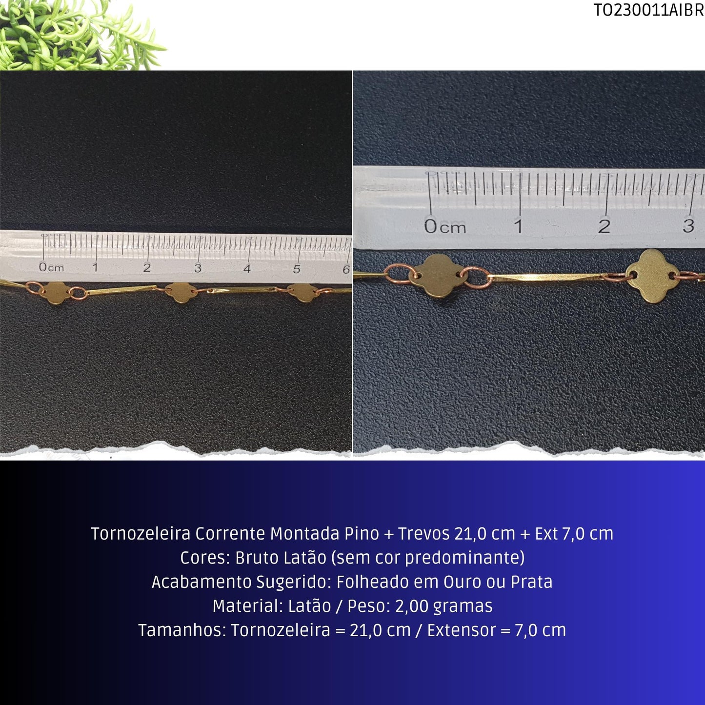 Tornozeleira Corrente Montada Pino + Trevos 21.0 cm + Ext 7.0 cm  - Código.: TO230011AIBR  - Peso.: 2.0 gr