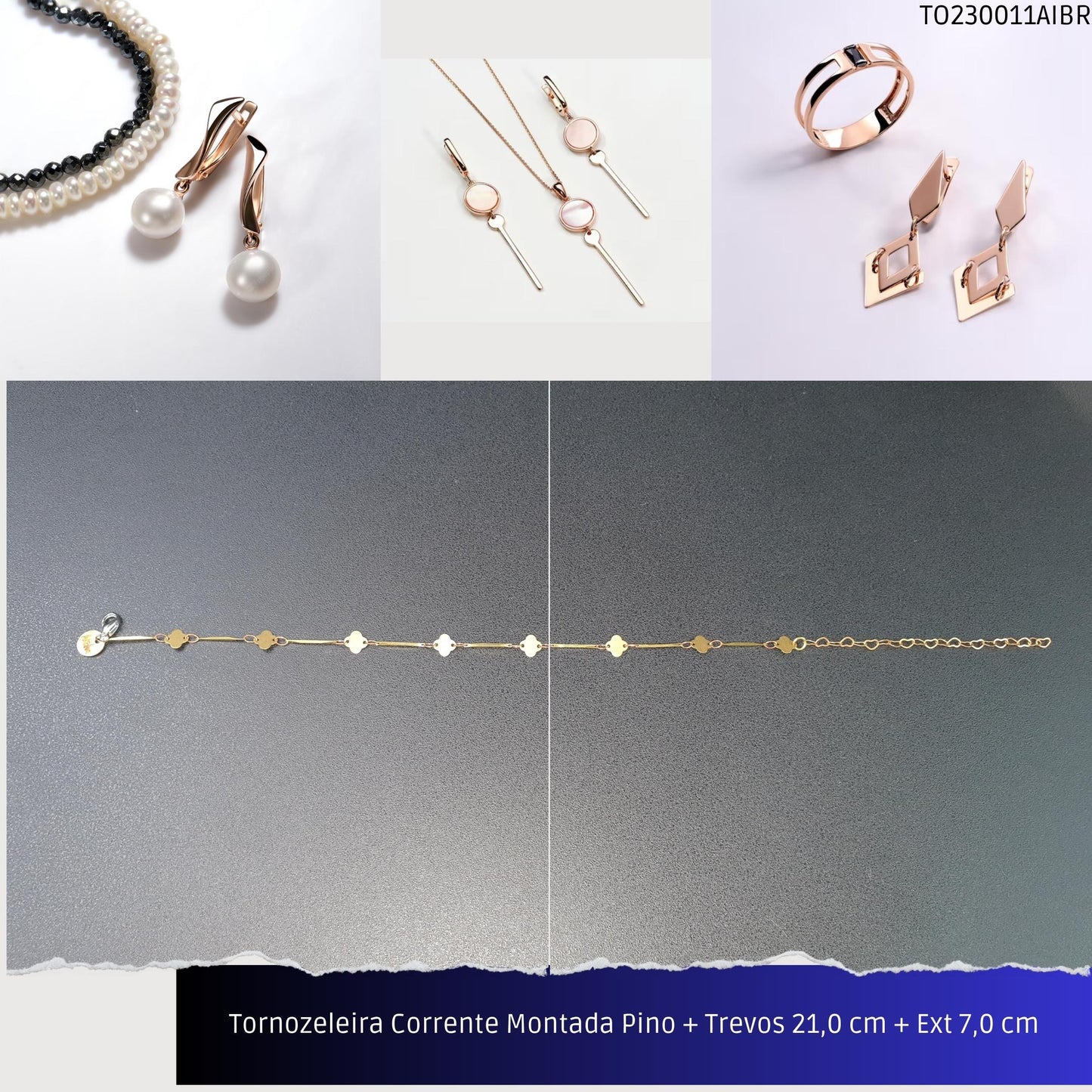 Tornozeleira Corrente Montada Pino + Trevos 21.0 cm + Ext 7.0 cm  - Código.: TO230011AIBR  - Peso.: 2.0 gr