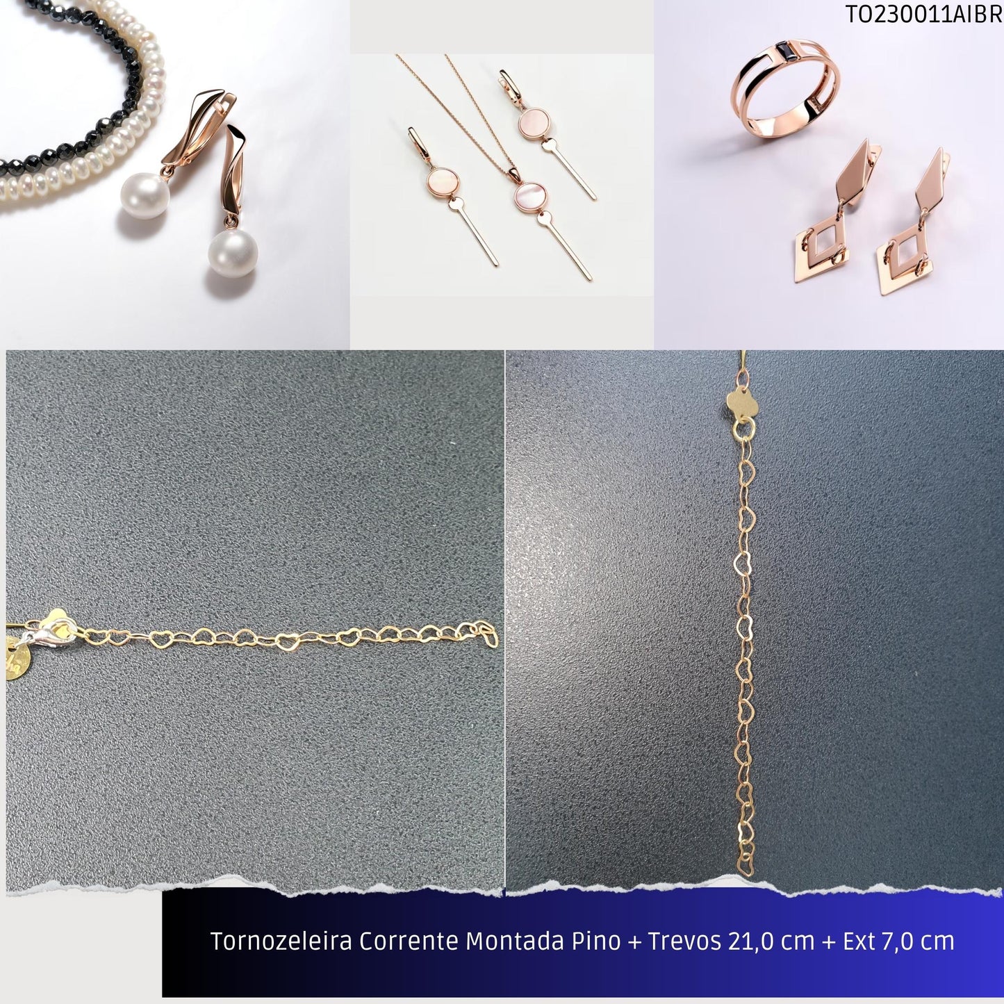 Tornozeleira Corrente Montada Pino + Trevos 21.0 cm + Ext 7.0 cm  - Código.: TO230011AIBR  - Peso.: 2.0 gr