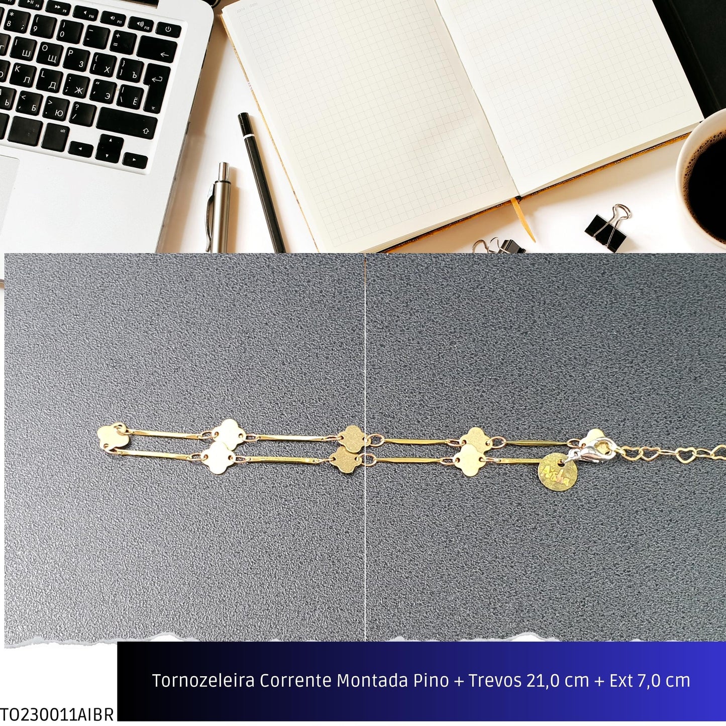 Tornozeleira Corrente Montada Pino + Trevos 21.0 cm + Ext 7.0 cm  - Código.: TO230011AIBR  - Peso.: 2.0 gr