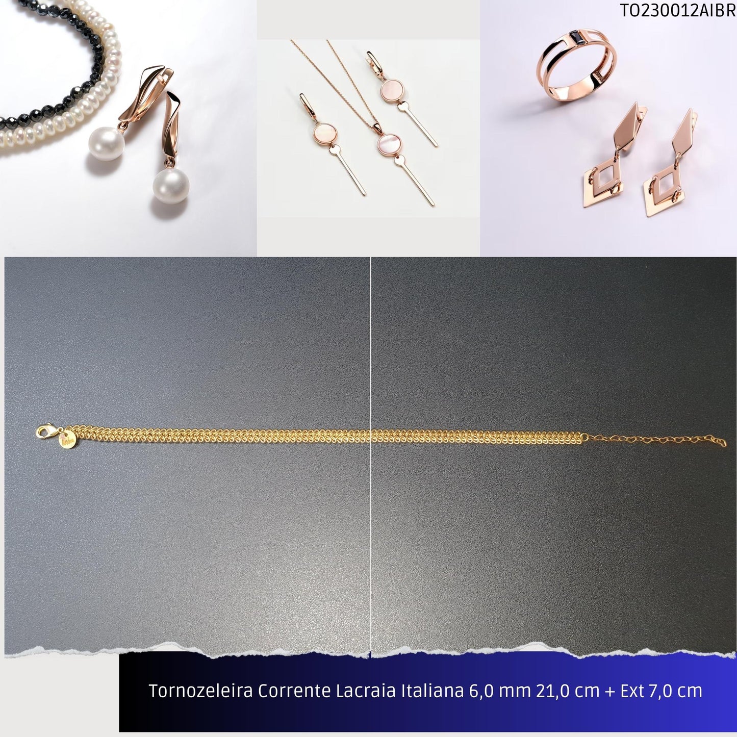 Tornozeleira Corrente Lacraia Italiana 6.0 mm 21.0 cm + Ext 7.0 cm   - Código.: TO230012AIBR  - Peso.: 9.5 gr