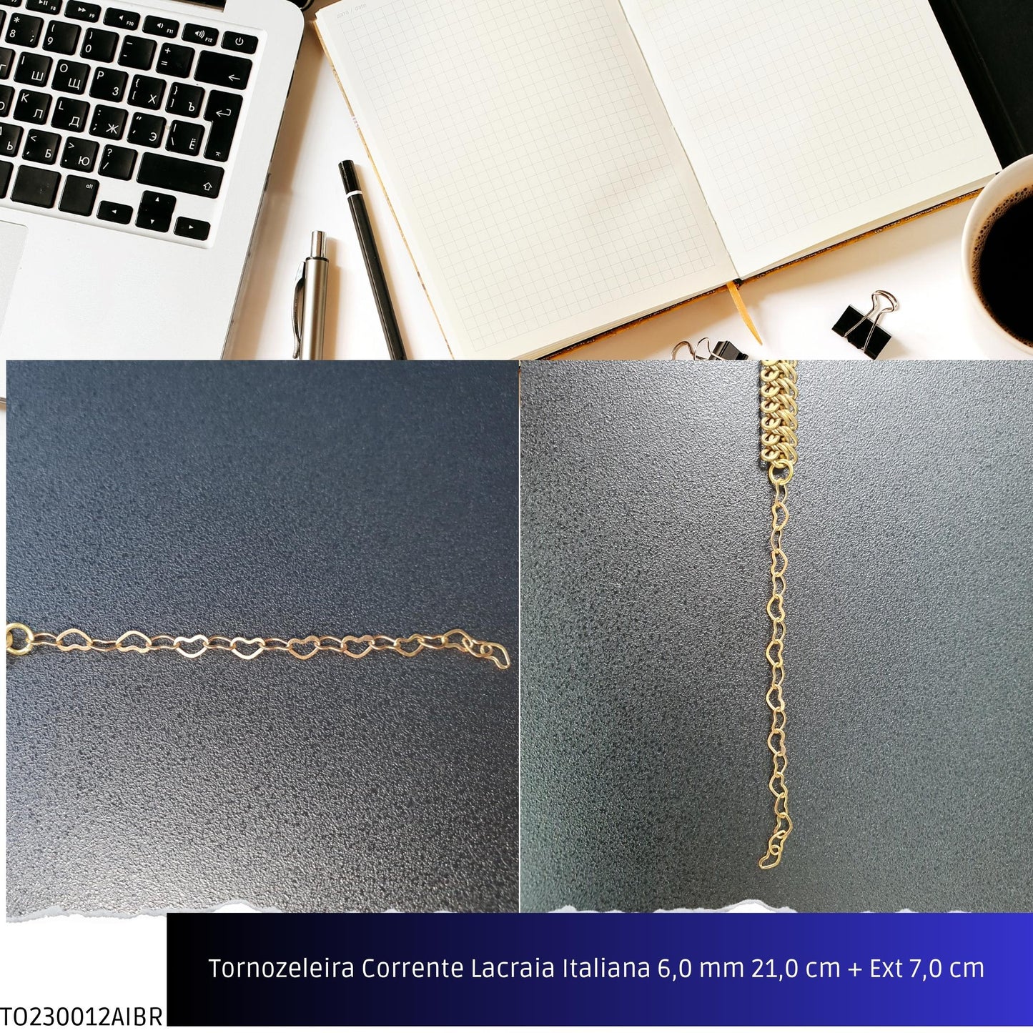 Tornozeleira Corrente Lacraia Italiana 6.0 mm 21.0 cm + Ext 7.0 cm   - Código.: TO230012AIBR  - Peso.: 9.5 gr