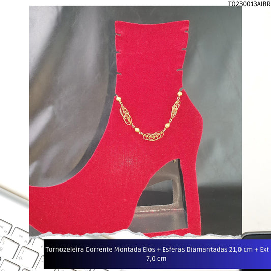 Tornozeleira Corrente Montada Elos + Esferas Diamantadas 21.0 cm + Ext 7.0 cm   - Código.: TO230013AIBR  - Peso.: 7.2 gr