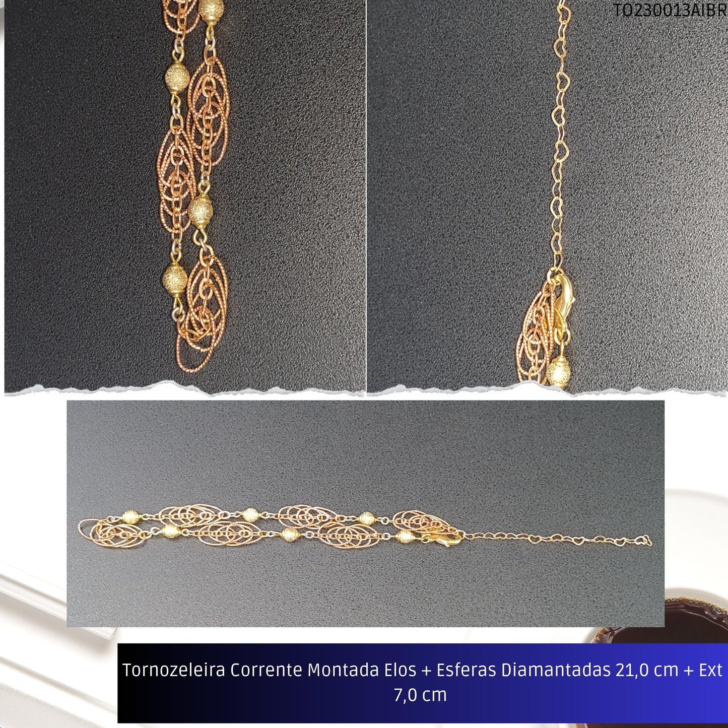 Tornozeleira Corrente Montada Elos + Esferas Diamantadas 21.0 cm + Ext 7.0 cm   - Código.: TO230013AIBR  - Peso.: 7.2 gr
