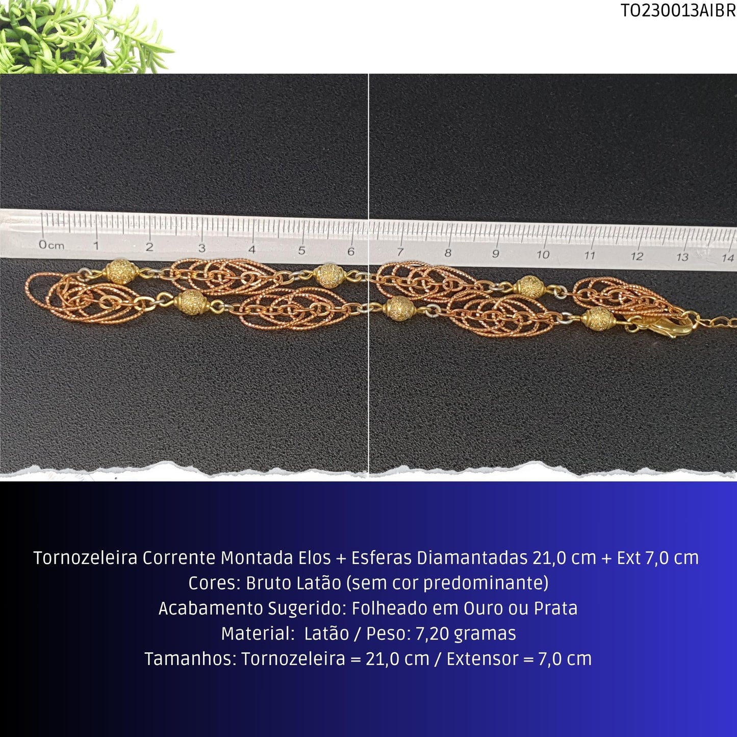 Tornozeleira Corrente Montada Elos + Esferas Diamantadas 21.0 cm + Ext 7.0 cm   - Código.: TO230013AIBR  - Peso.: 7.2 gr