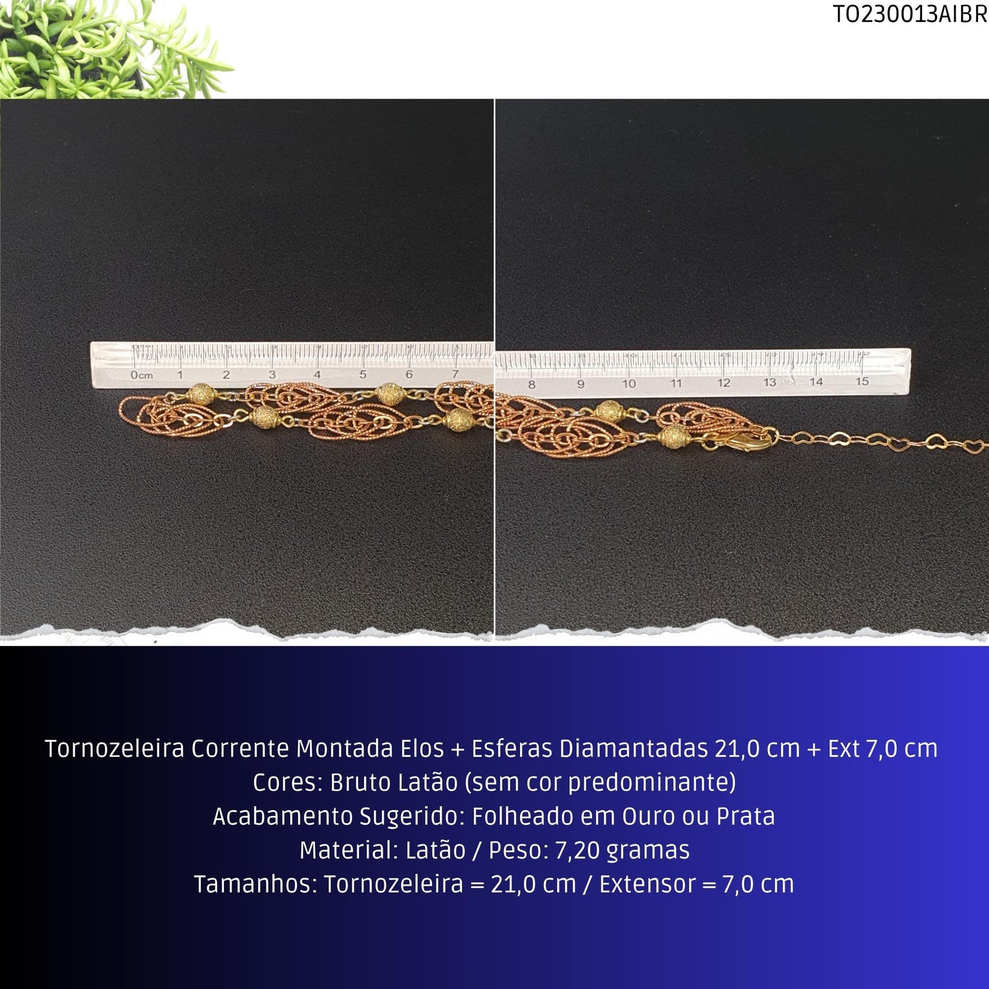 Tornozeleira Corrente Montada Elos + Esferas Diamantadas 21.0 cm + Ext 7.0 cm   - Código.: TO230013AIBR  - Peso.: 7.2 gr
