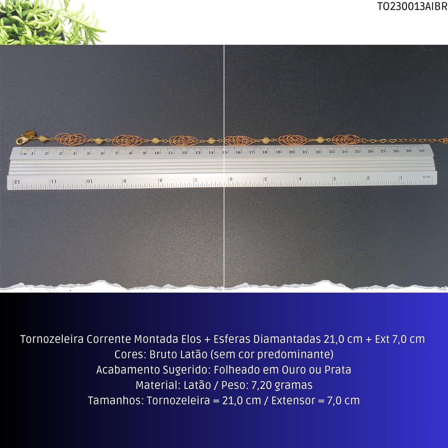 Tornozeleira Corrente Montada Elos + Esferas Diamantadas 21.0 cm + Ext 7.0 cm   - Código.: TO230013AIBR  - Peso.: 7.2 gr
