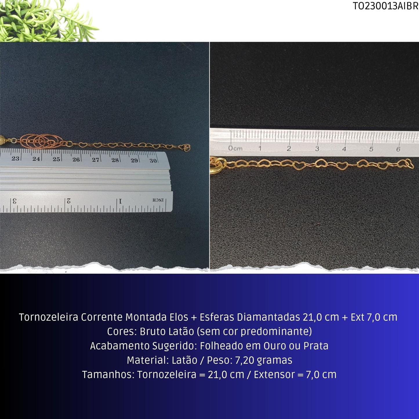 Tornozeleira Corrente Montada Elos + Esferas Diamantadas 21.0 cm + Ext 7.0 cm   - Código.: TO230013AIBR  - Peso.: 7.2 gr