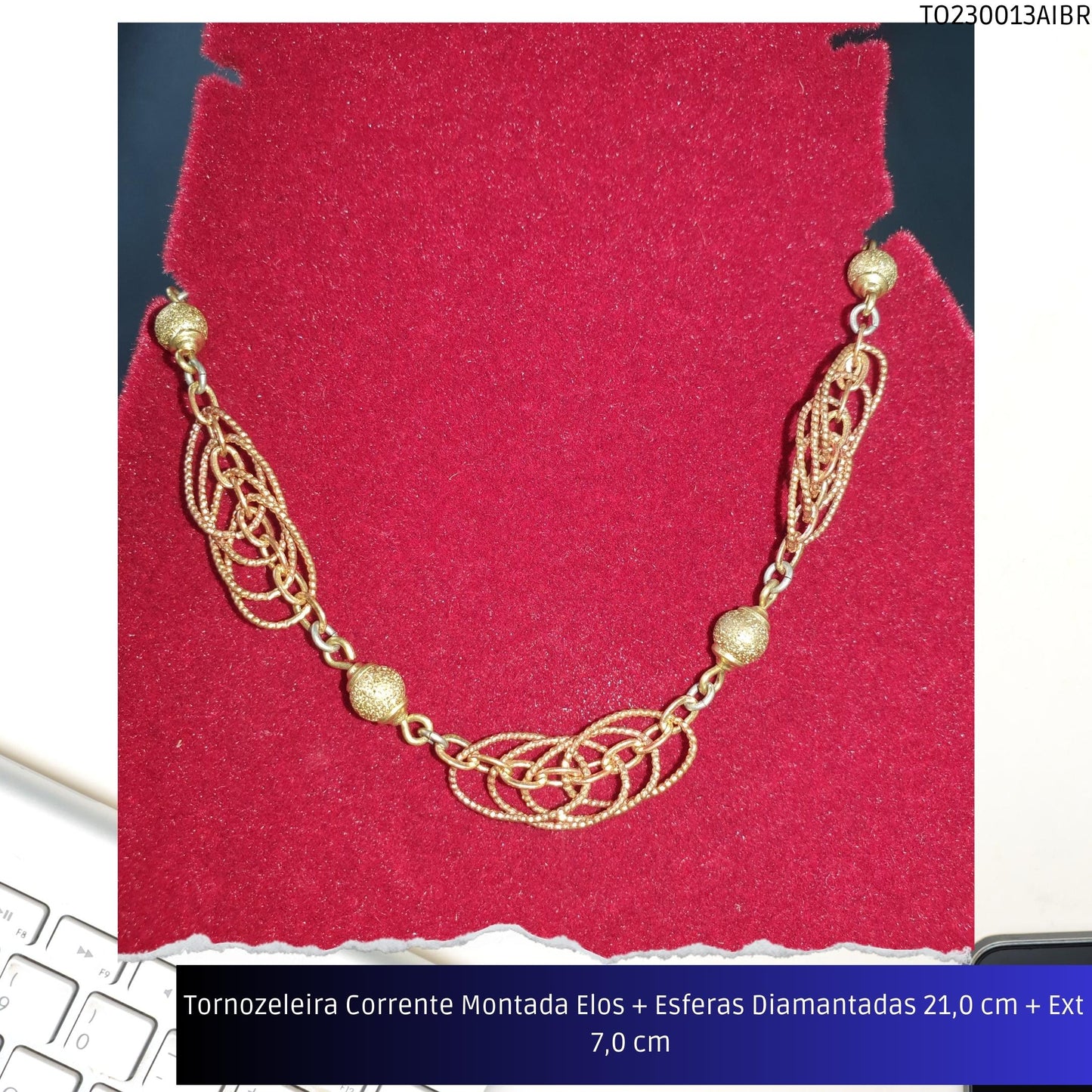 Tornozeleira Corrente Montada Elos + Esferas Diamantadas 21.0 cm + Ext 7.0 cm   - Código.: TO230013AIBR  - Peso.: 7.2 gr