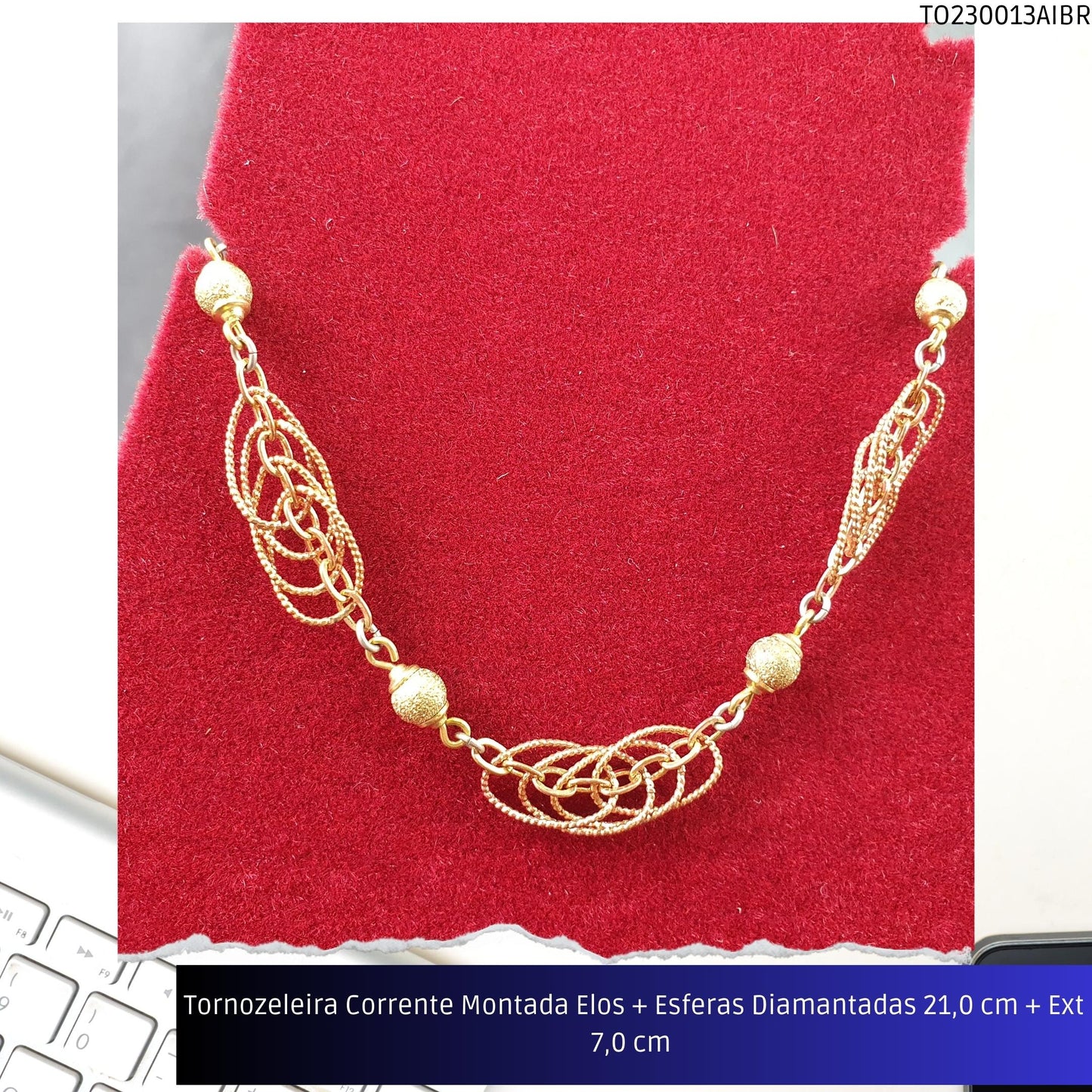 Tornozeleira Corrente Montada Elos + Esferas Diamantadas 21.0 cm + Ext 7.0 cm   - Código.: TO230013AIBR  - Peso.: 7.2 gr