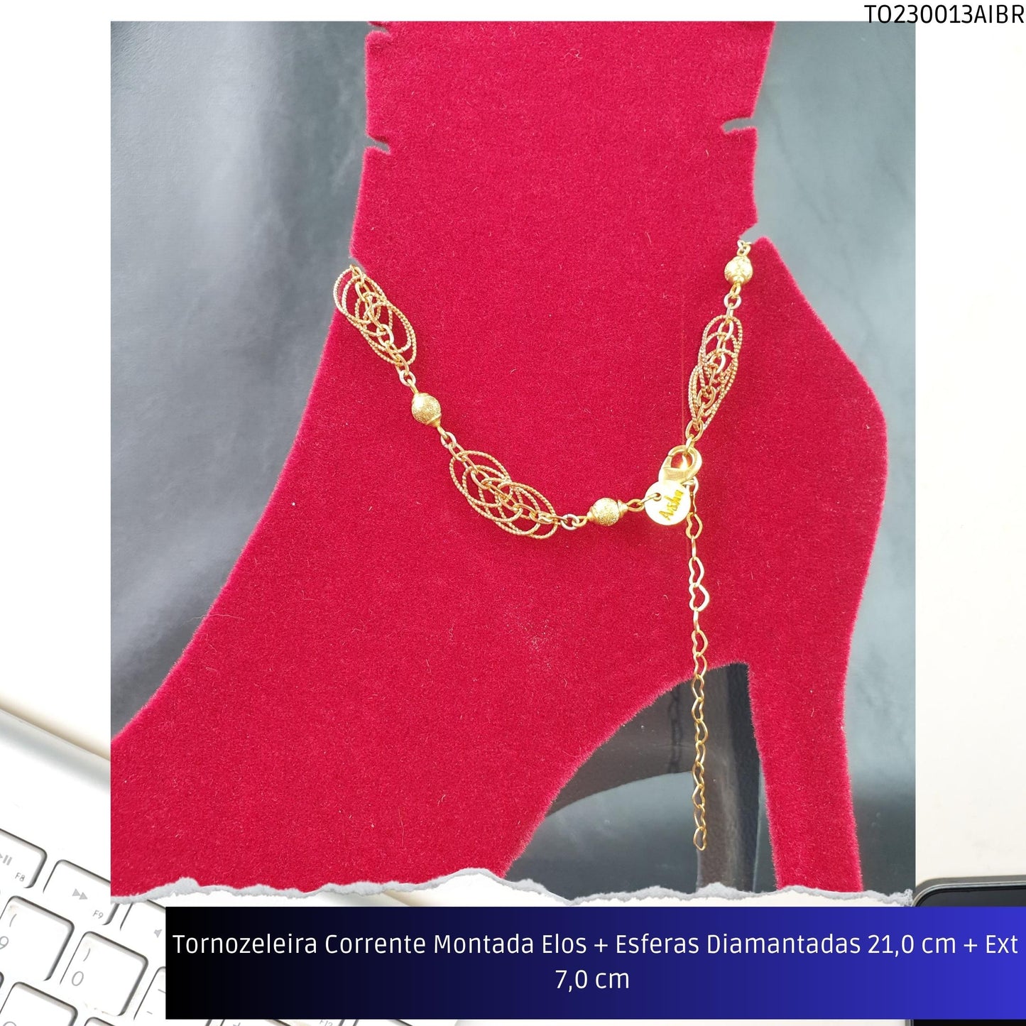 Tornozeleira Corrente Montada Elos + Esferas Diamantadas 21.0 cm + Ext 7.0 cm   - Código.: TO230013AIBR  - Peso.: 7.2 gr