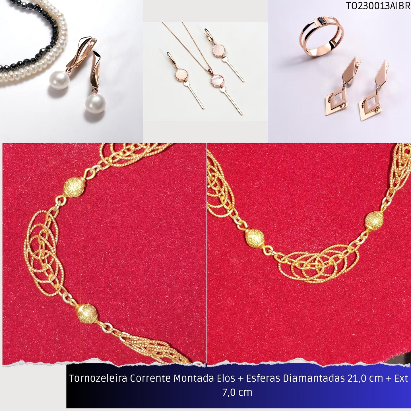 Tornozeleira Corrente Montada Elos + Esferas Diamantadas 21.0 cm + Ext 7.0 cm   - Código.: TO230013AIBR  - Peso.: 7.2 gr