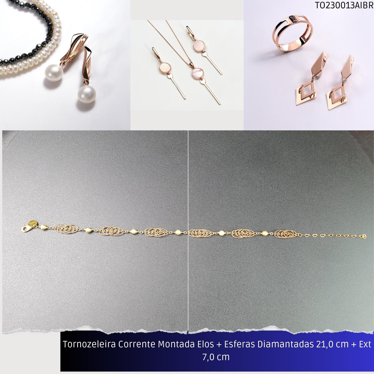 Tornozeleira Corrente Montada Elos + Esferas Diamantadas 21.0 cm + Ext 7.0 cm   - Código.: TO230013AIBR  - Peso.: 7.2 gr
