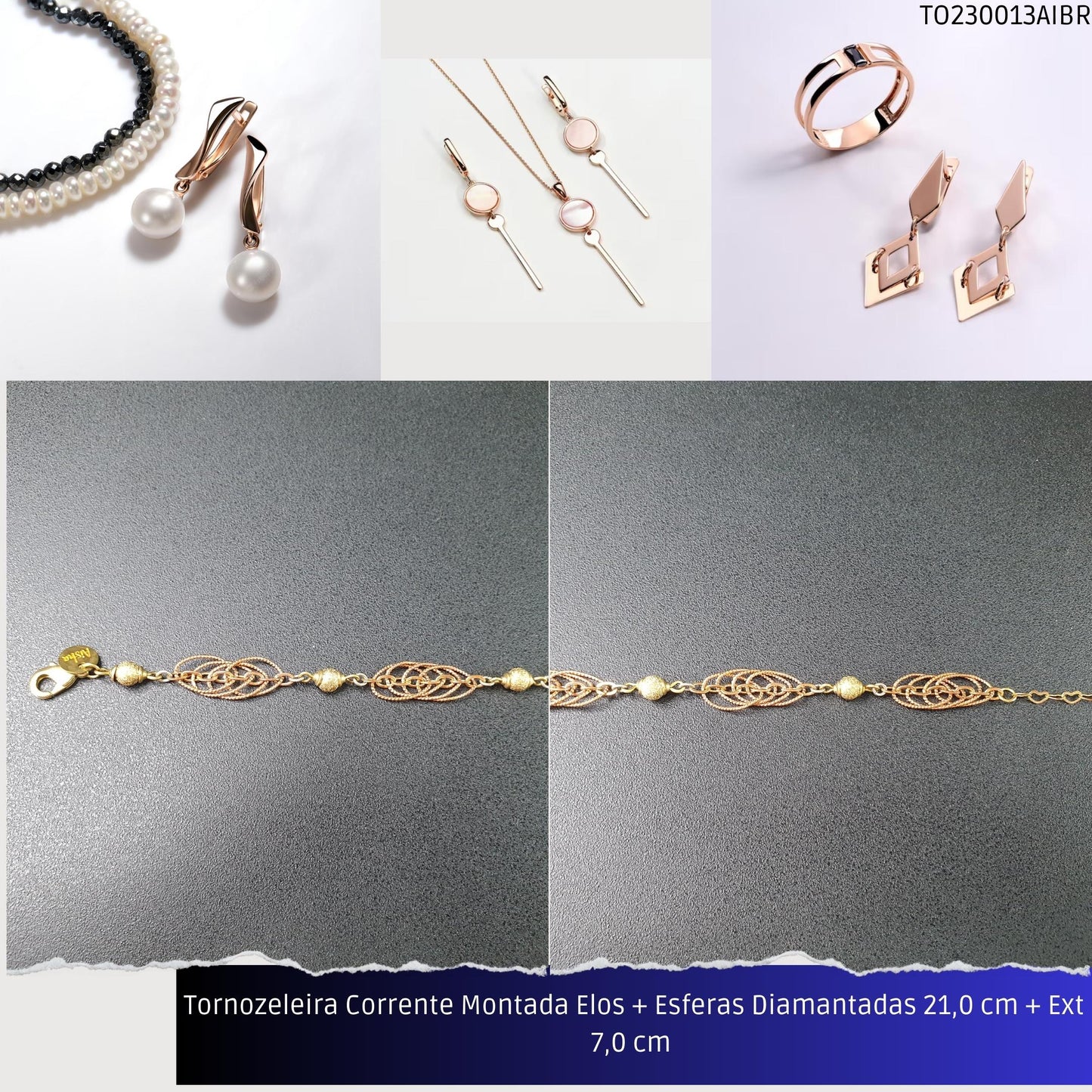 Tornozeleira Corrente Montada Elos + Esferas Diamantadas 21.0 cm + Ext 7.0 cm   - Código.: TO230013AIBR  - Peso.: 7.2 gr