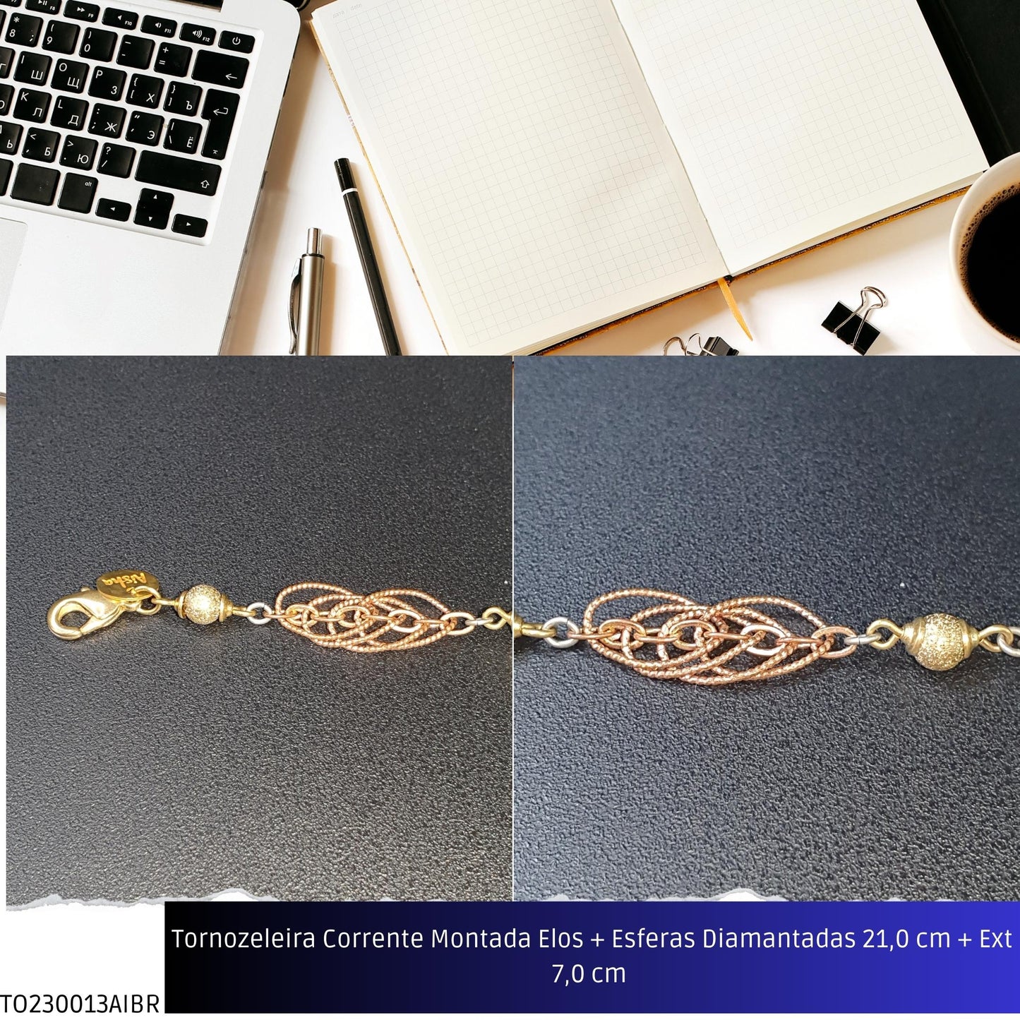 Tornozeleira Corrente Montada Elos + Esferas Diamantadas 21.0 cm + Ext 7.0 cm   - Código.: TO230013AIBR  - Peso.: 7.2 gr
