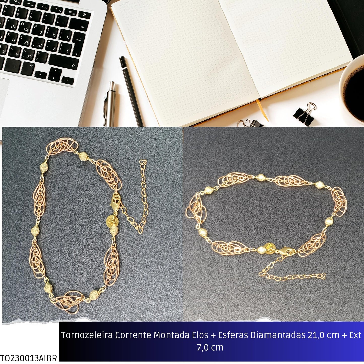 Tornozeleira Corrente Montada Elos + Esferas Diamantadas 21.0 cm + Ext 7.0 cm   - Código.: TO230013AIBR  - Peso.: 7.2 gr