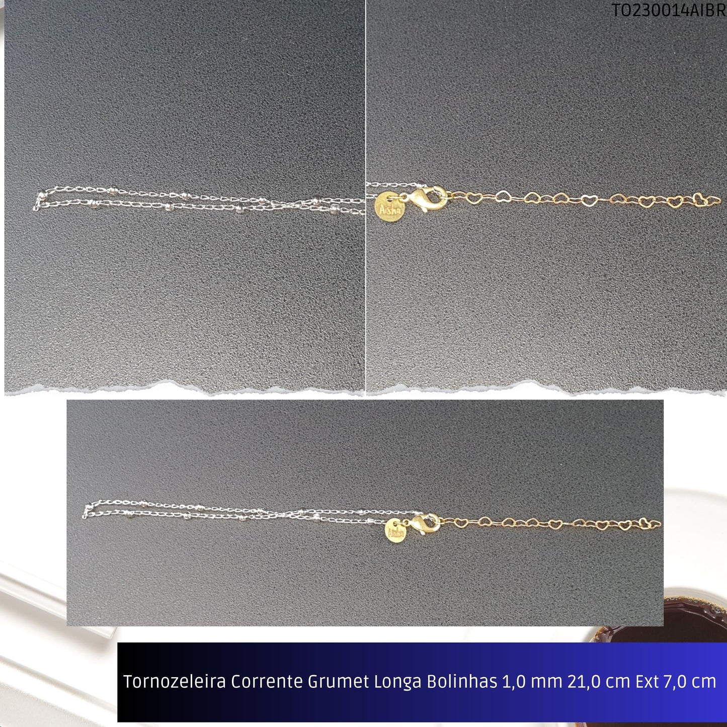 Tornozeleira Corrente Grumet Longa Bolinhas 1.0 mm 21.0 cm Ext 7.0 cm   - Código.: TO230014AIBR  - Peso.: 2.1 gr