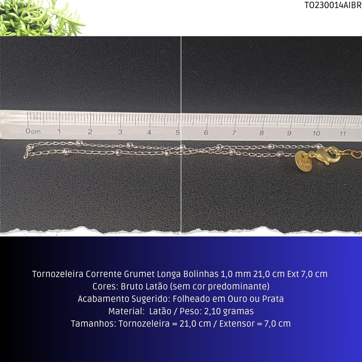Tornozeleira Corrente Grumet Longa Bolinhas 1.0 mm 21.0 cm Ext 7.0 cm   - Código.: TO230014AIBR  - Peso.: 2.1 gr