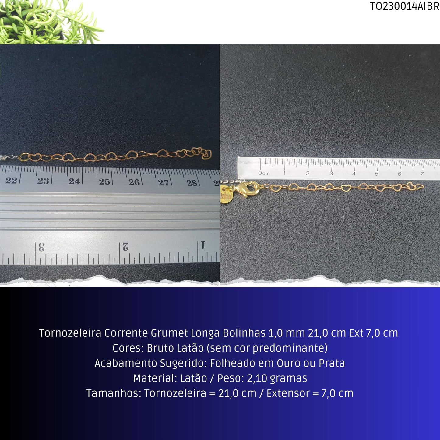 Tornozeleira Corrente Grumet Longa Bolinhas 1.0 mm 21.0 cm Ext 7.0 cm   - Código.: TO230014AIBR  - Peso.: 2.1 gr