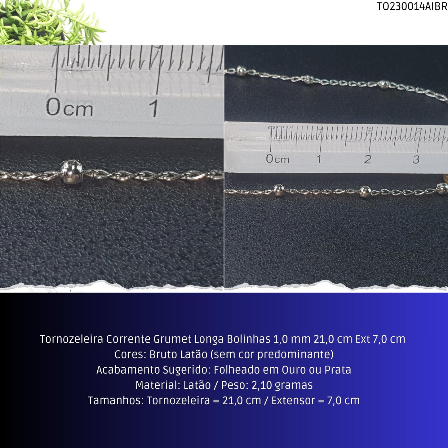 Tornozeleira Corrente Grumet Longa Bolinhas 1.0 mm 21.0 cm Ext 7.0 cm   - Código.: TO230014AIBR  - Peso.: 2.1 gr