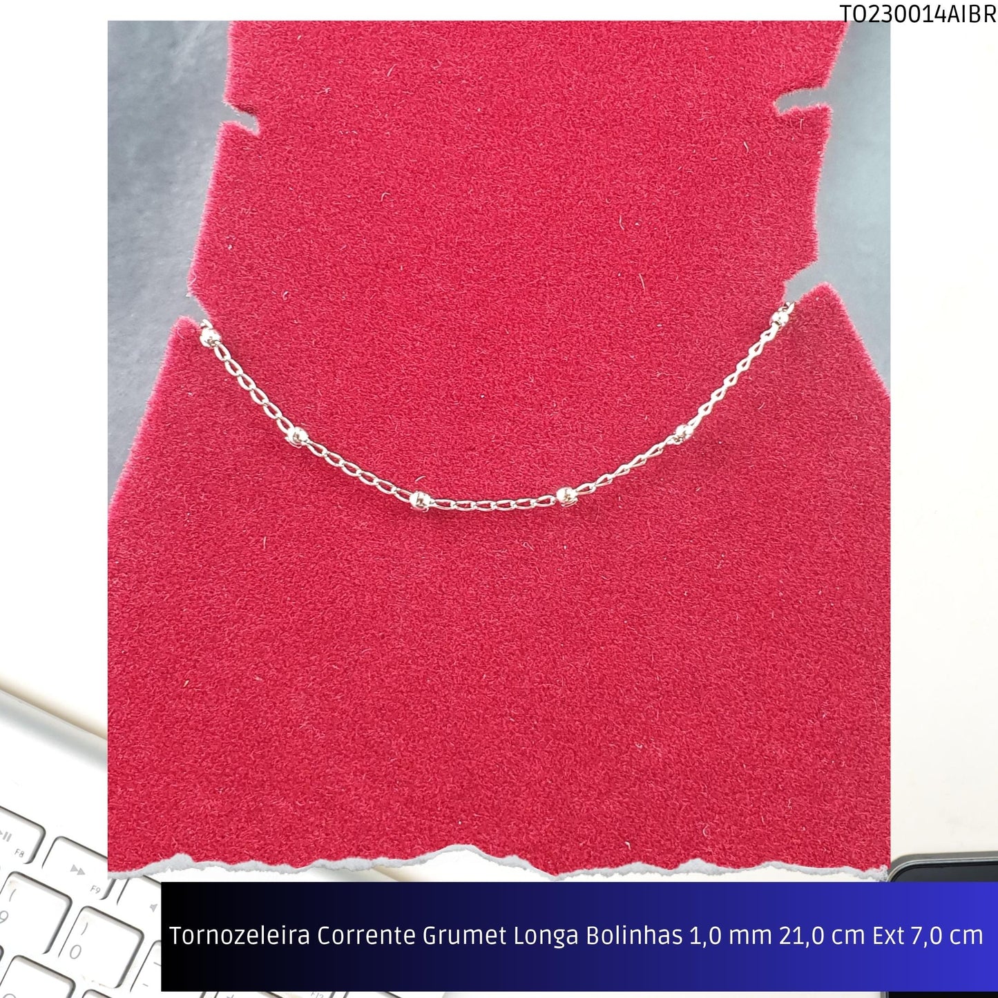 Tornozeleira Corrente Grumet Longa Bolinhas 1.0 mm 21.0 cm Ext 7.0 cm   - Código.: TO230014AIBR  - Peso.: 2.1 gr