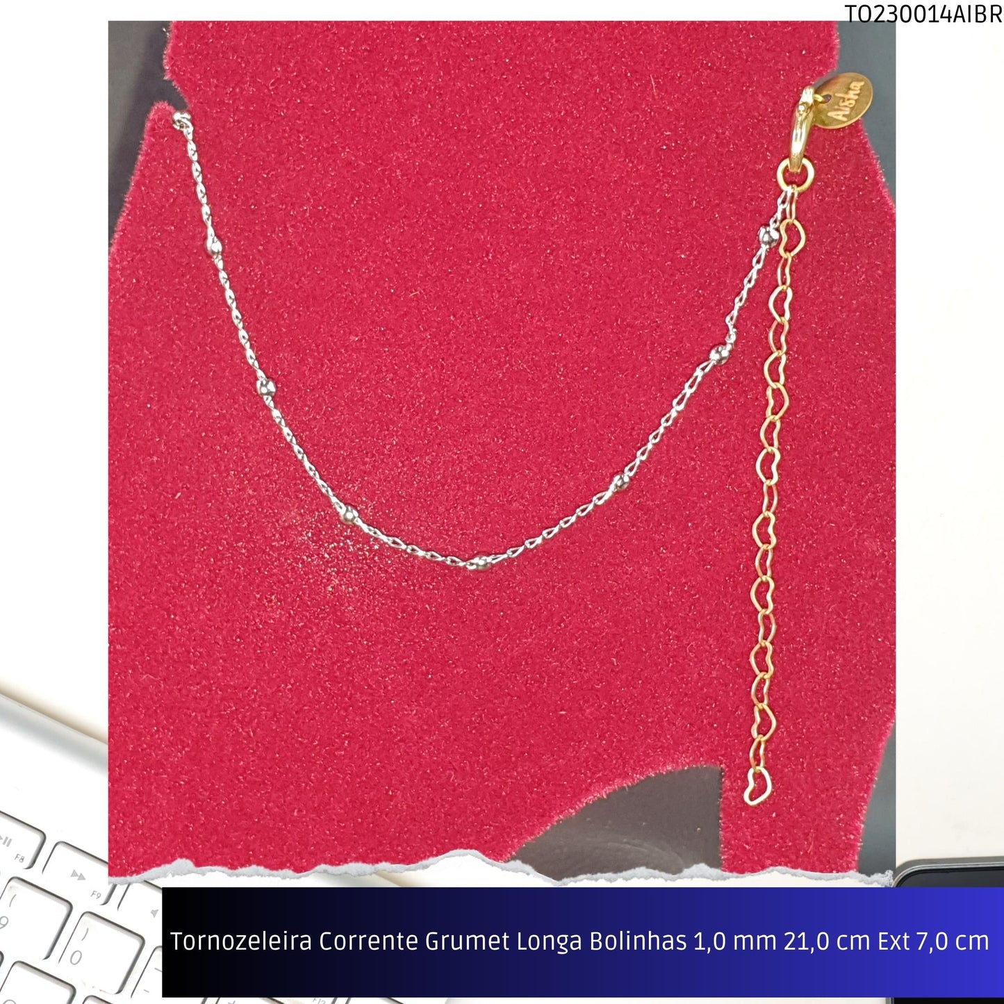 Tornozeleira Corrente Grumet Longa Bolinhas 1.0 mm 21.0 cm Ext 7.0 cm   - Código.: TO230014AIBR  - Peso.: 2.1 gr