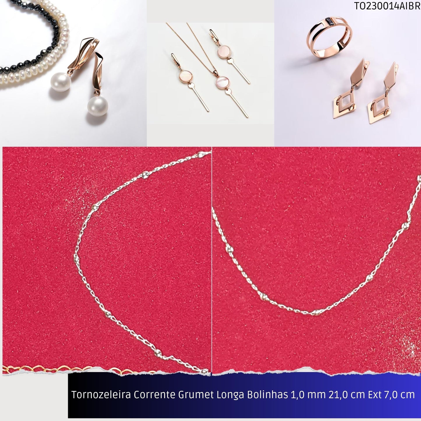 Tornozeleira Corrente Grumet Longa Bolinhas 1.0 mm 21.0 cm Ext 7.0 cm   - Código.: TO230014AIBR  - Peso.: 2.1 gr