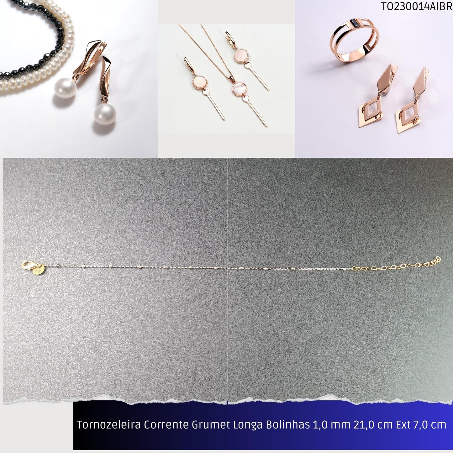 Tornozeleira Corrente Grumet Longa Bolinhas 1.0 mm 21.0 cm Ext 7.0 cm   - Código.: TO230014AIBR  - Peso.: 2.1 gr