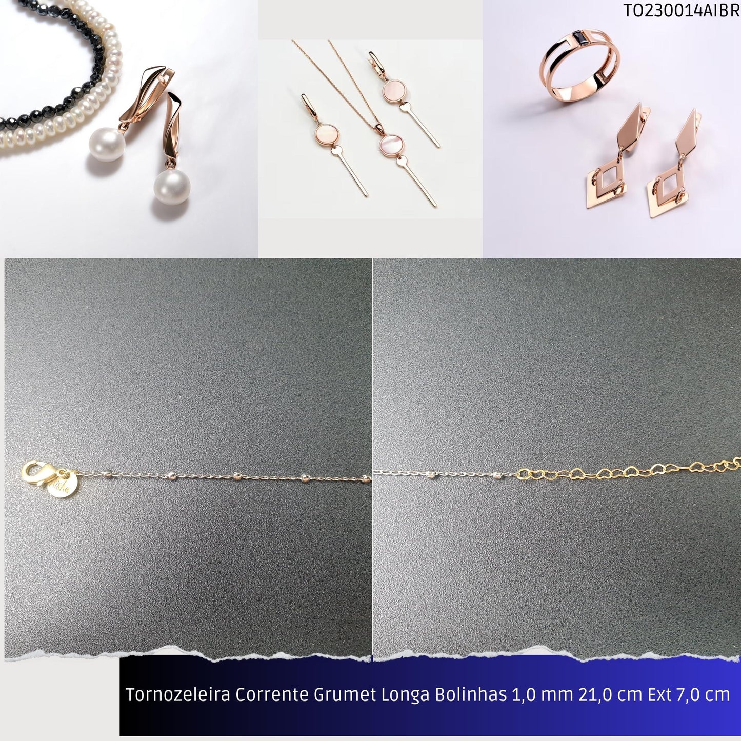 Tornozeleira Corrente Grumet Longa Bolinhas 1.0 mm 21.0 cm Ext 7.0 cm   - Código.: TO230014AIBR  - Peso.: 2.1 gr