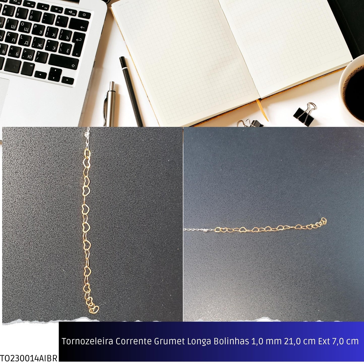 Tornozeleira Corrente Grumet Longa Bolinhas 1.0 mm 21.0 cm Ext 7.0 cm   - Código.: TO230014AIBR  - Peso.: 2.1 gr