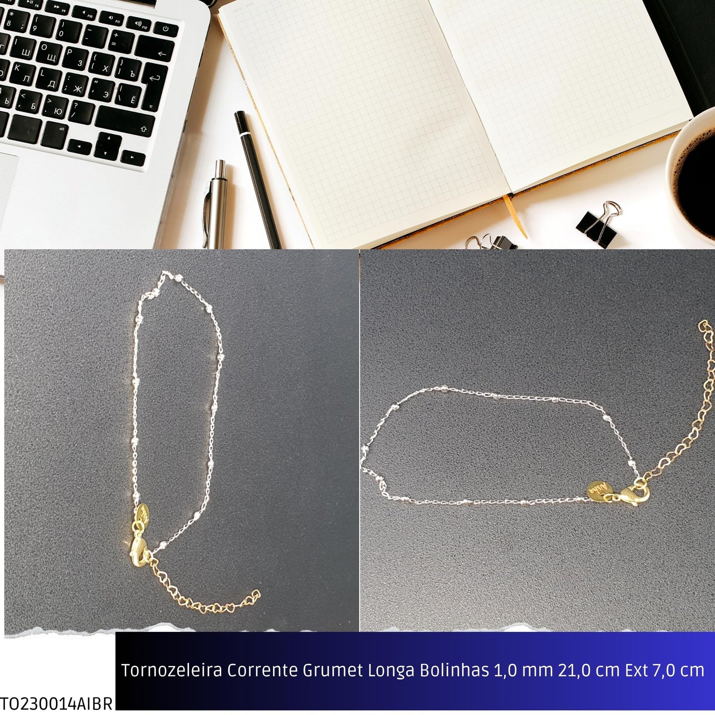 Tornozeleira Corrente Grumet Longa Bolinhas 1.0 mm 21.0 cm Ext 7.0 cm   - Código.: TO230014AIBR  - Peso.: 2.1 gr