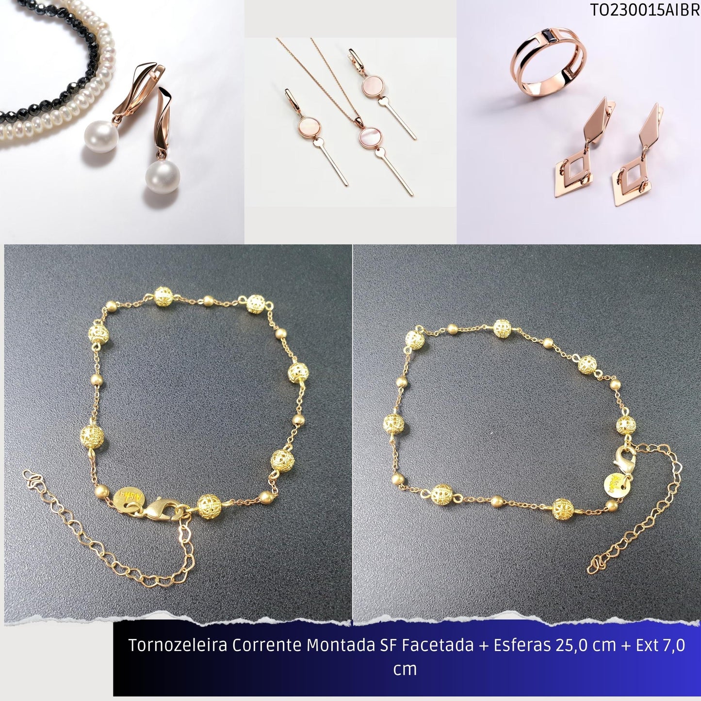 Tornozeleira Corrente Montada SF Facetada + Esferas 25.0 cm + Ext 7.0 cm   - Código.: TO230015AIBR  - Peso.: 3.9 gr