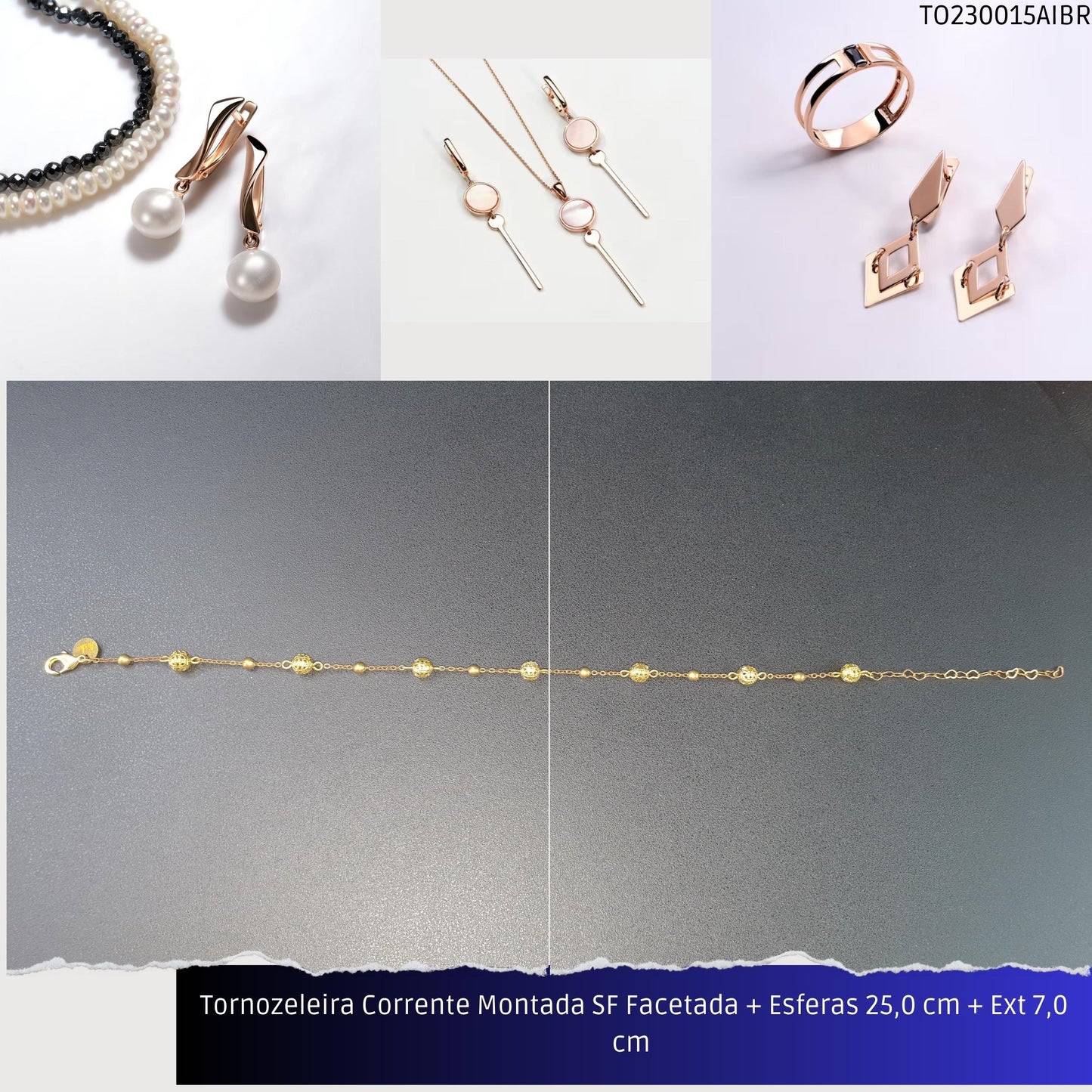Tornozeleira Corrente Montada SF Facetada + Esferas 25.0 cm + Ext 7.0 cm   - Código.: TO230015AIBR  - Peso.: 3.9 gr