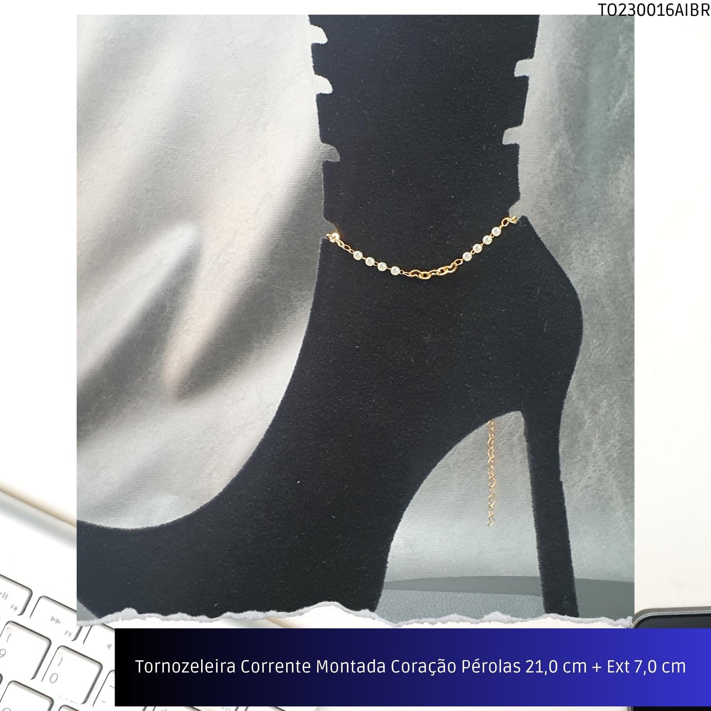 Tornozeleira Corrente Montada Coração Pérolas 21.0 cm + Ext 7.0 cm   - Código.: TO230016AIBR  - Peso.: 3.2 gr