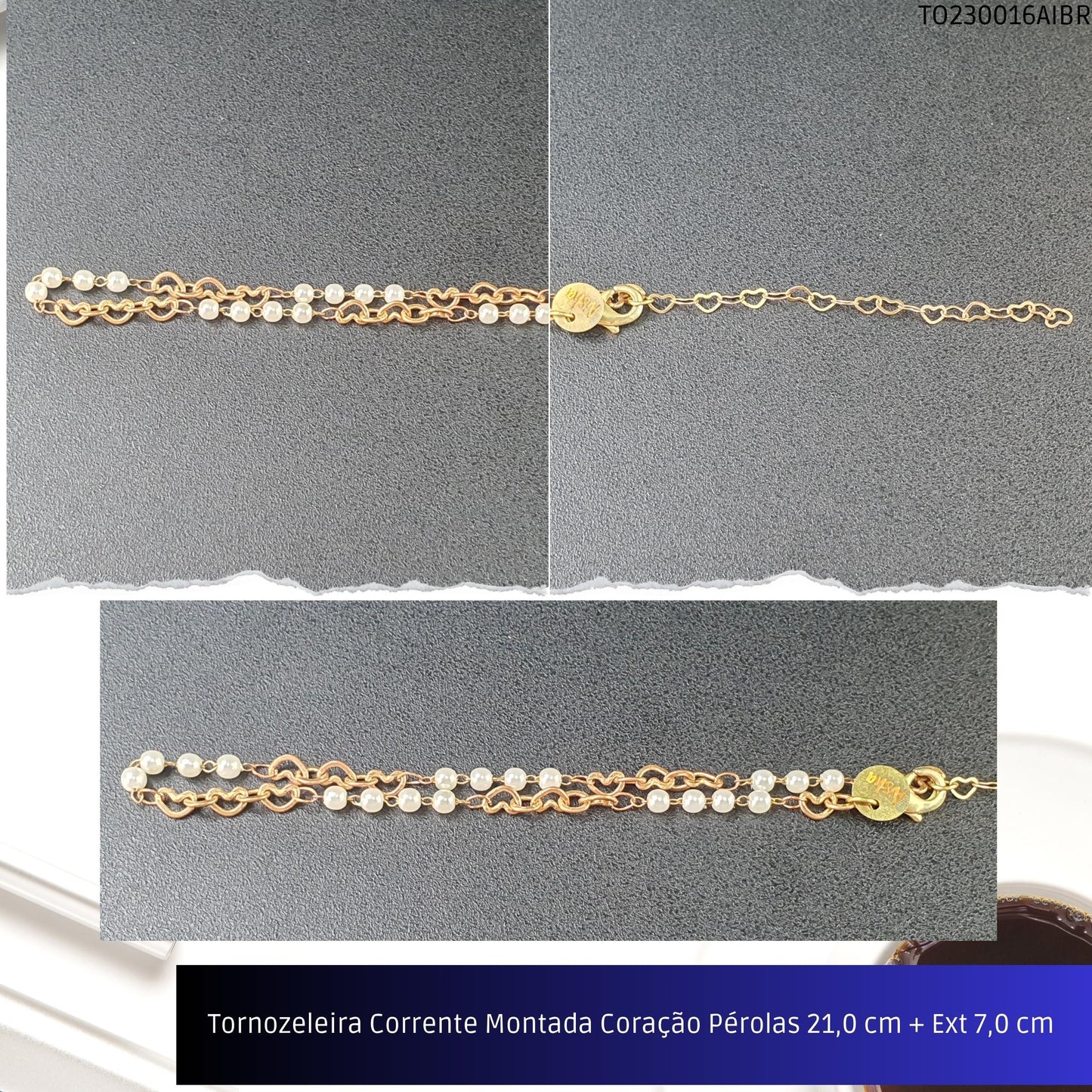 Tornozeleira Corrente Montada Coração Pérolas 21.0 cm + Ext 7.0 cm   - Código.: TO230016AIBR  - Peso.: 3.2 gr