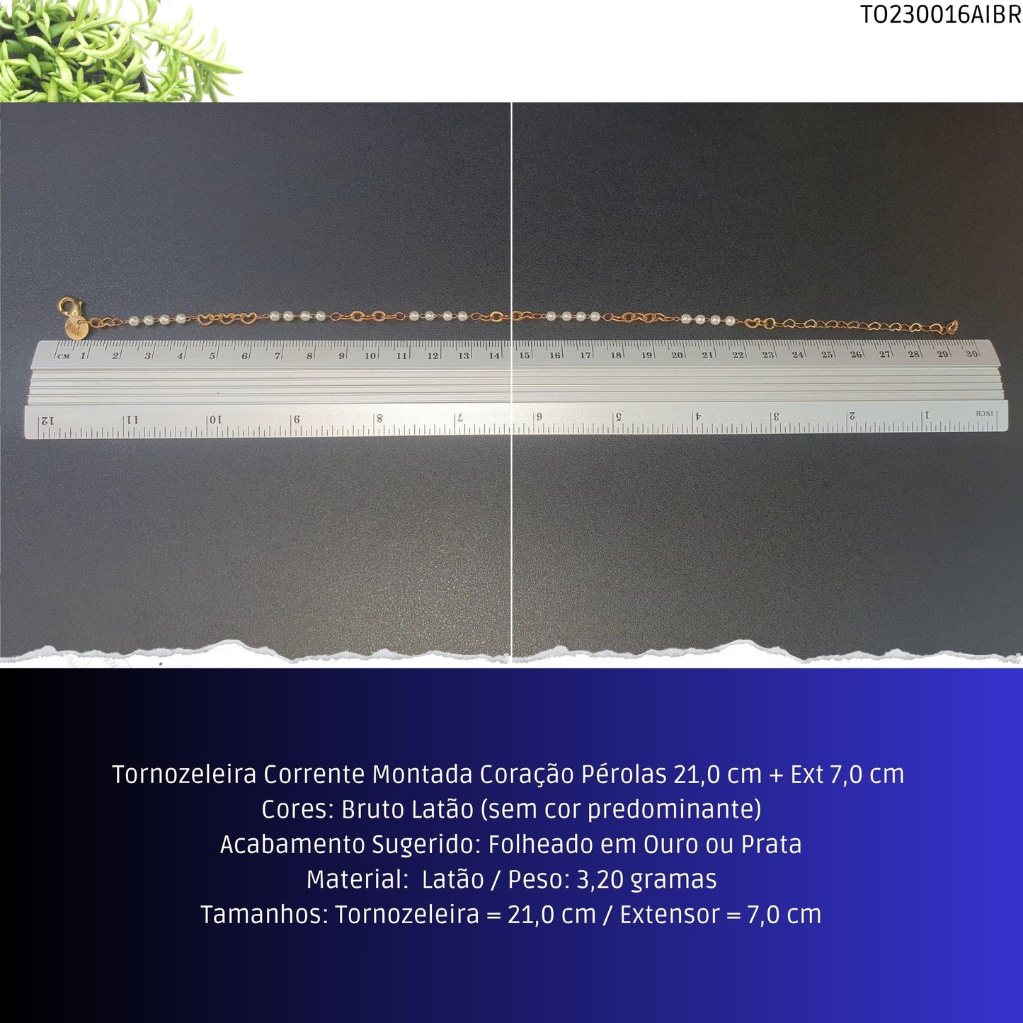 Tornozeleira Corrente Montada Coração Pérolas 21.0 cm + Ext 7.0 cm   - Código.: TO230016AIBR  - Peso.: 3.2 gr
