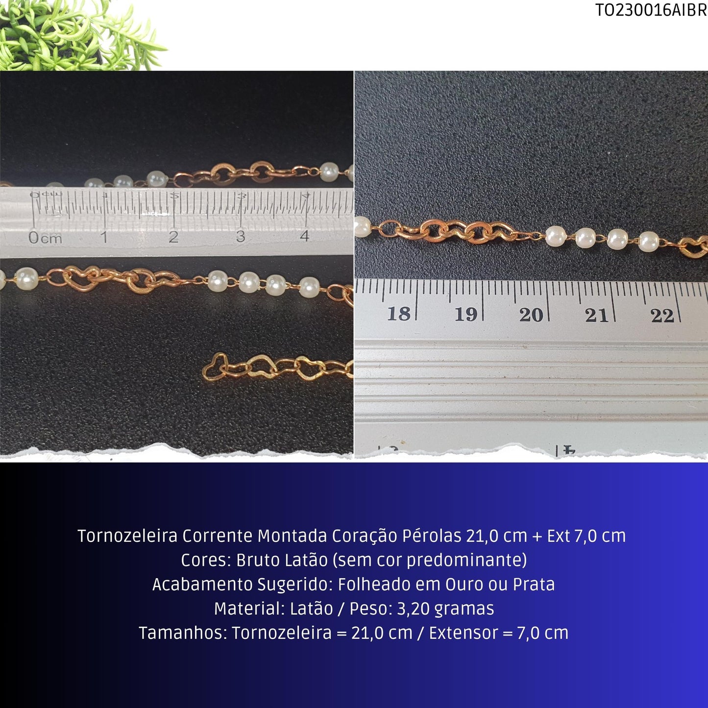 Tornozeleira Corrente Montada Coração Pérolas 21.0 cm + Ext 7.0 cm   - Código.: TO230016AIBR  - Peso.: 3.2 gr