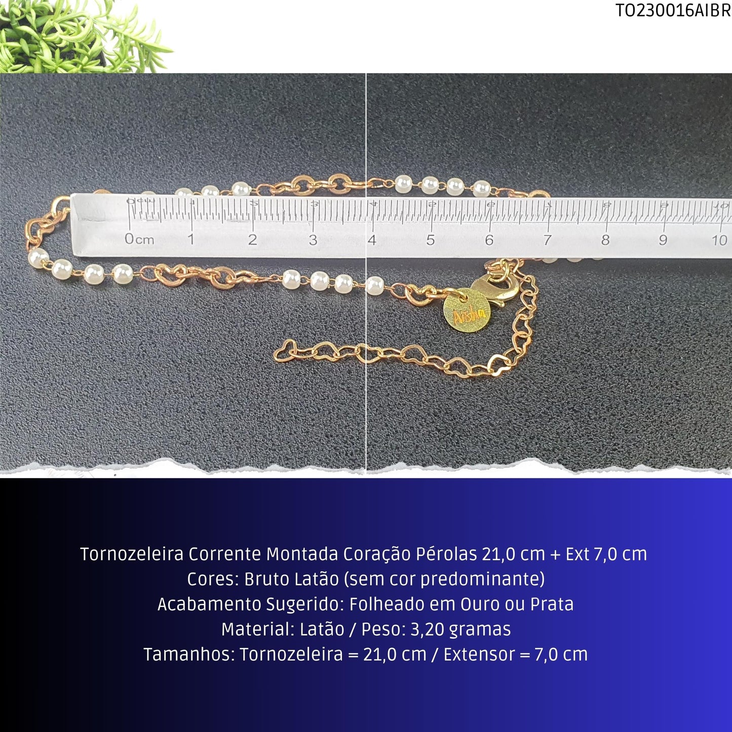 Tornozeleira Corrente Montada Coração Pérolas 21.0 cm + Ext 7.0 cm   - Código.: TO230016AIBR  - Peso.: 3.2 gr