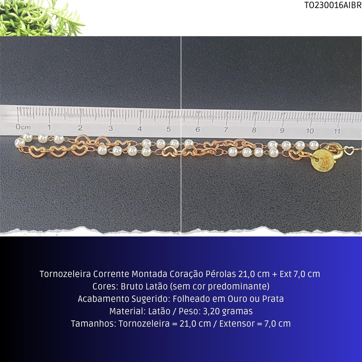 Tornozeleira Corrente Montada Coração Pérolas 21.0 cm + Ext 7.0 cm   - Código.: TO230016AIBR  - Peso.: 3.2 gr