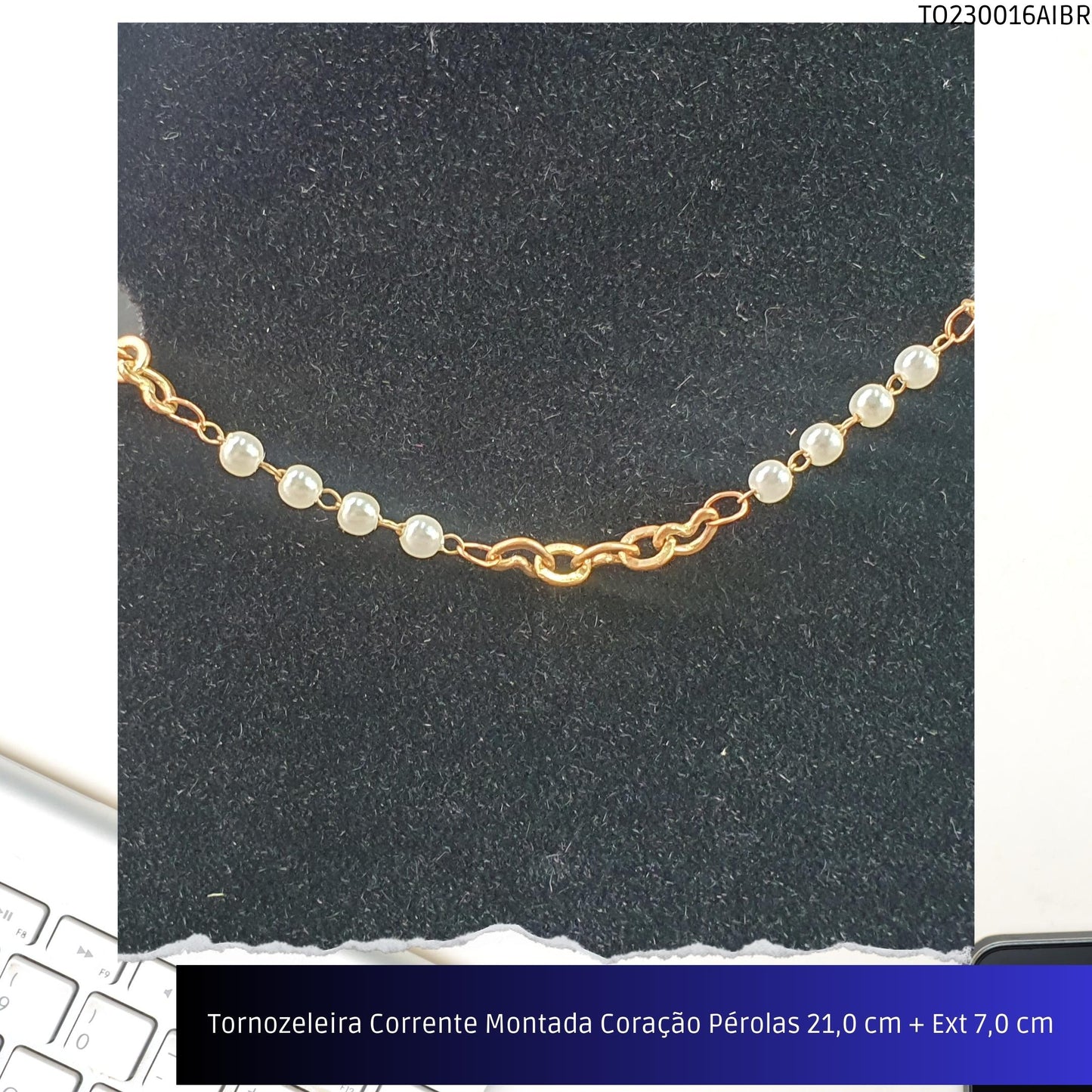 Tornozeleira Corrente Montada Coração Pérolas 21.0 cm + Ext 7.0 cm   - Código.: TO230016AIBR  - Peso.: 3.2 gr