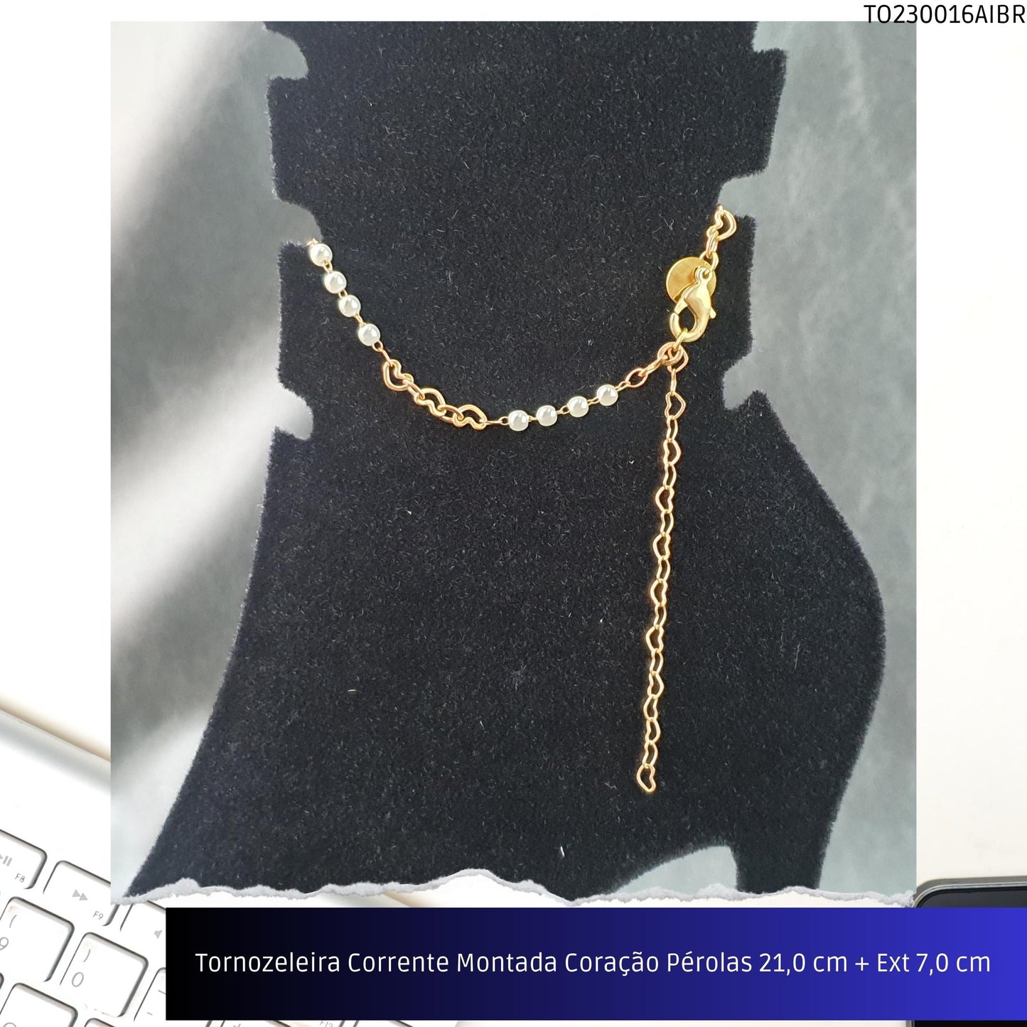 Tornozeleira Corrente Montada Coração Pérolas 21.0 cm + Ext 7.0 cm   - Código.: TO230016AIBR  - Peso.: 3.2 gr