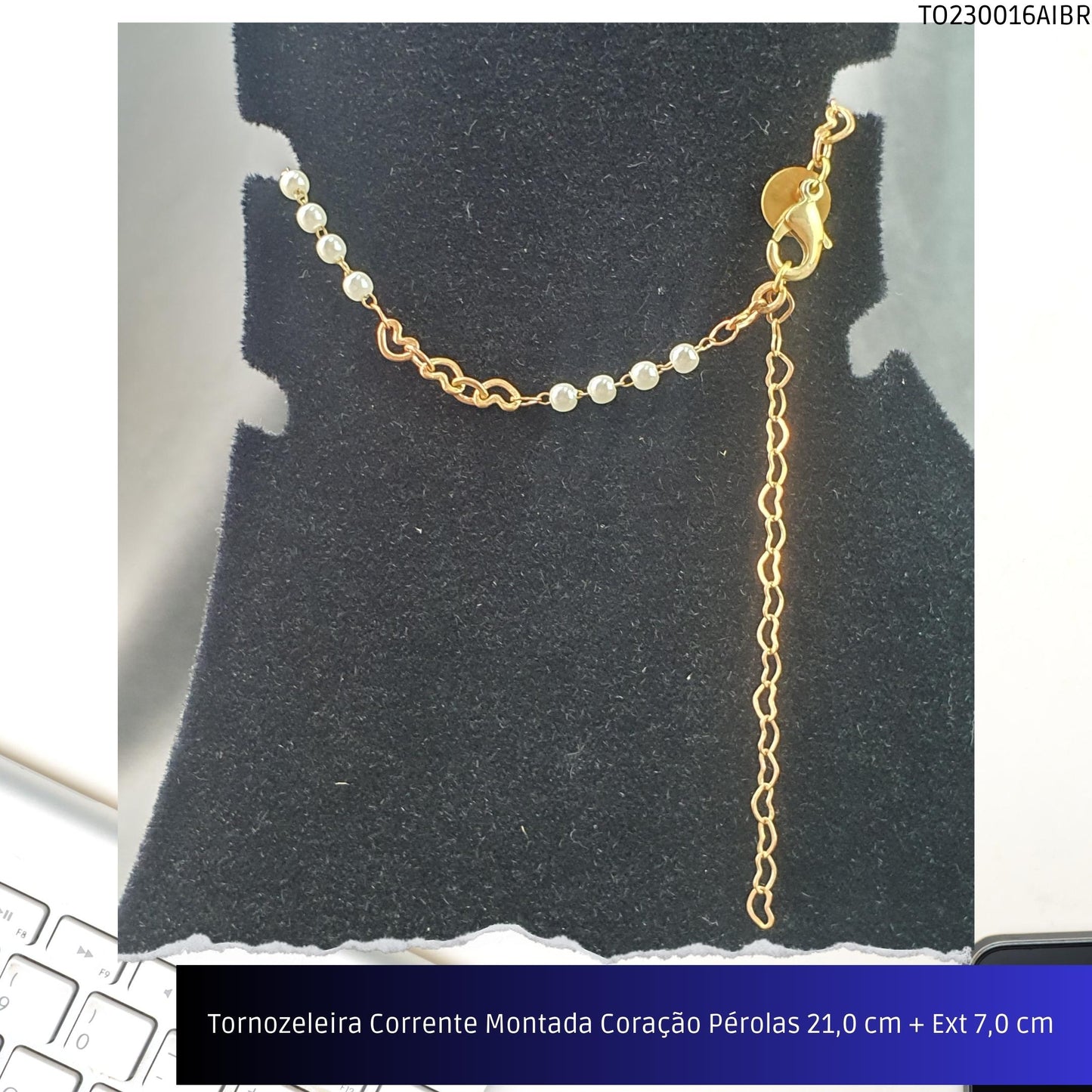 Tornozeleira Corrente Montada Coração Pérolas 21.0 cm + Ext 7.0 cm   - Código.: TO230016AIBR  - Peso.: 3.2 gr