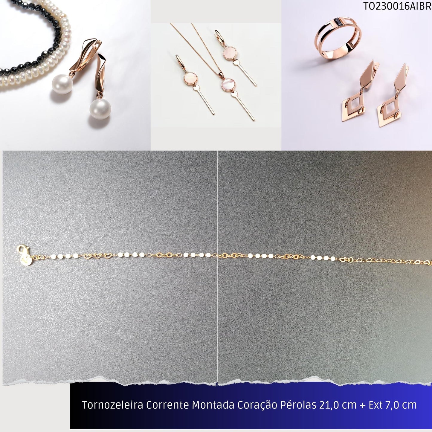 Tornozeleira Corrente Montada Coração Pérolas 21.0 cm + Ext 7.0 cm   - Código.: TO230016AIBR  - Peso.: 3.2 gr