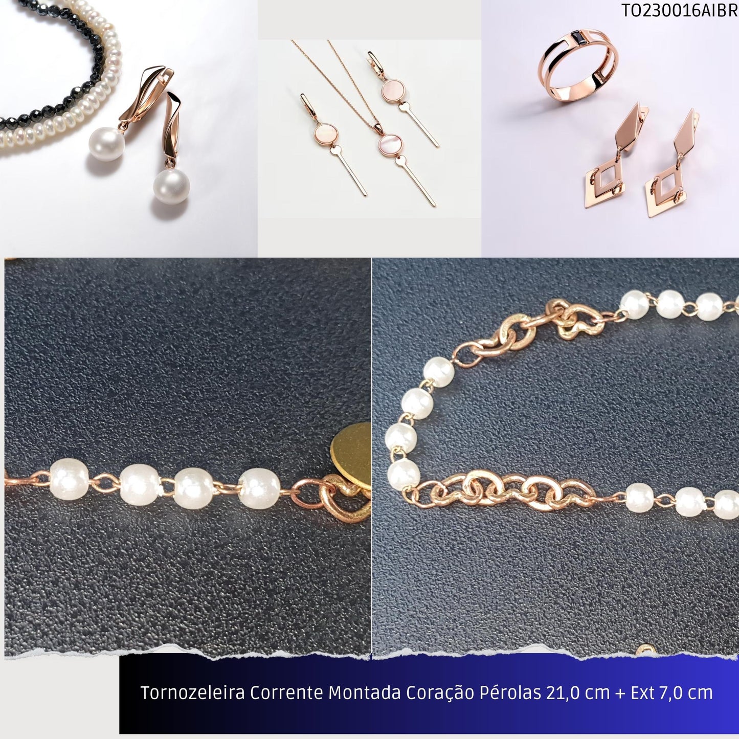 Tornozeleira Corrente Montada Coração Pérolas 21.0 cm + Ext 7.0 cm   - Código.: TO230016AIBR  - Peso.: 3.2 gr