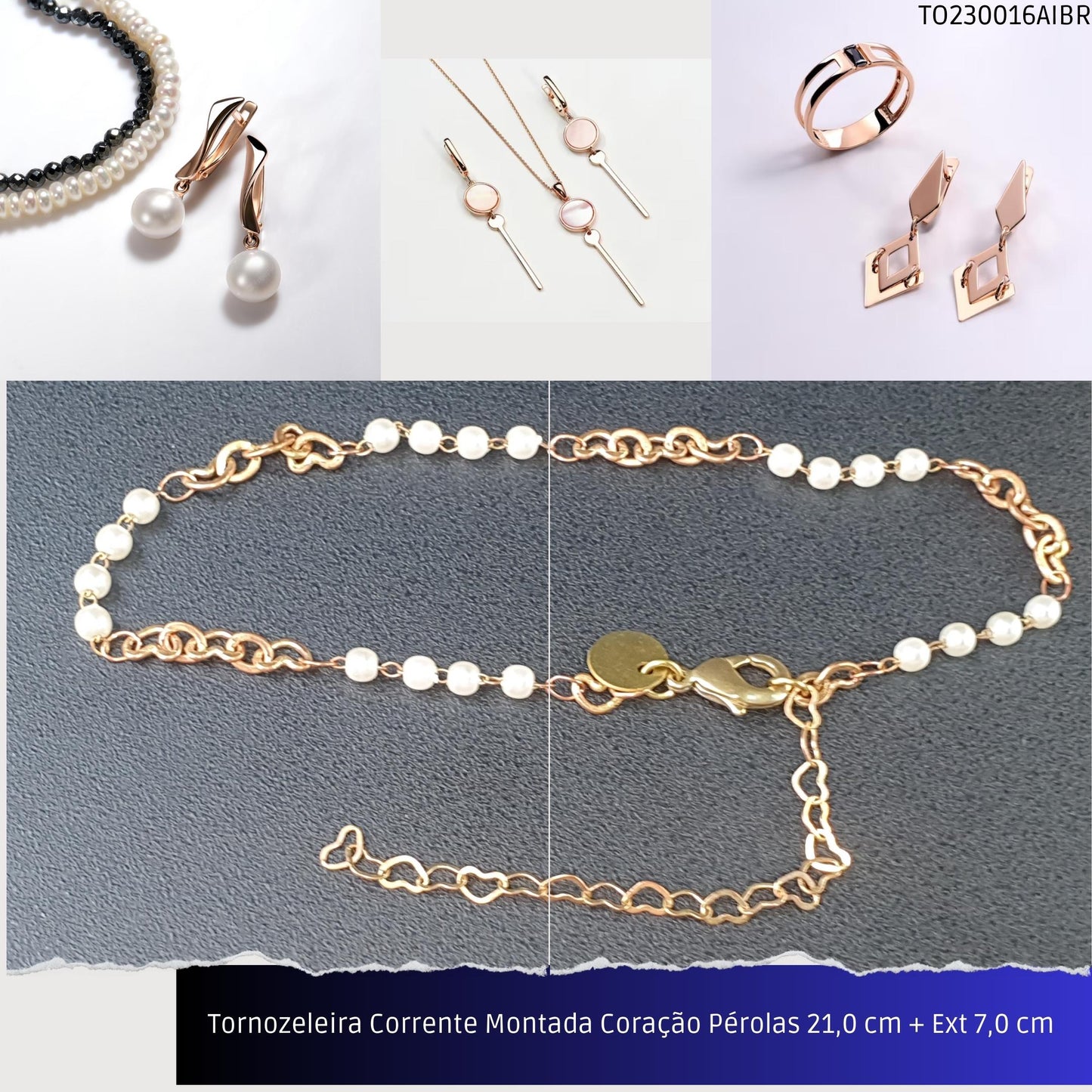 Tornozeleira Corrente Montada Coração Pérolas 21.0 cm + Ext 7.0 cm   - Código.: TO230016AIBR  - Peso.: 3.2 gr