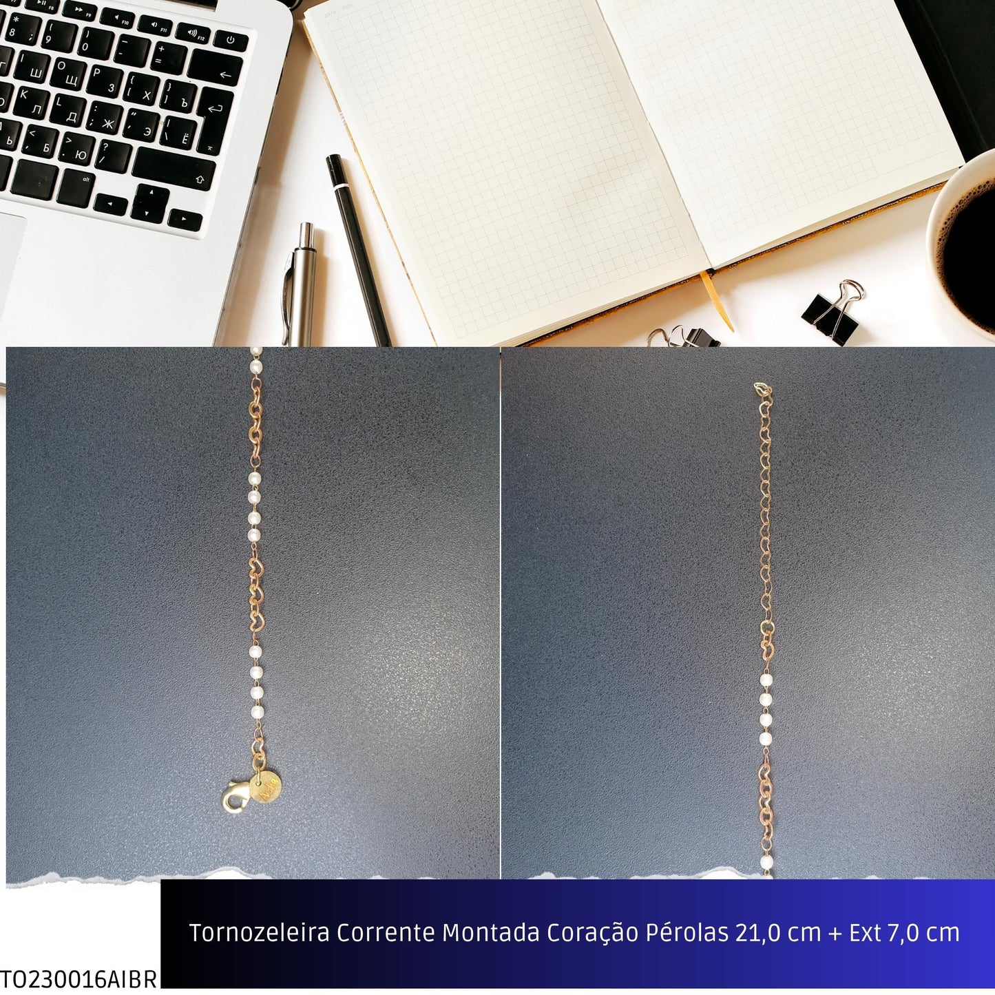 Tornozeleira Corrente Montada Coração Pérolas 21.0 cm + Ext 7.0 cm   - Código.: TO230016AIBR  - Peso.: 3.2 gr